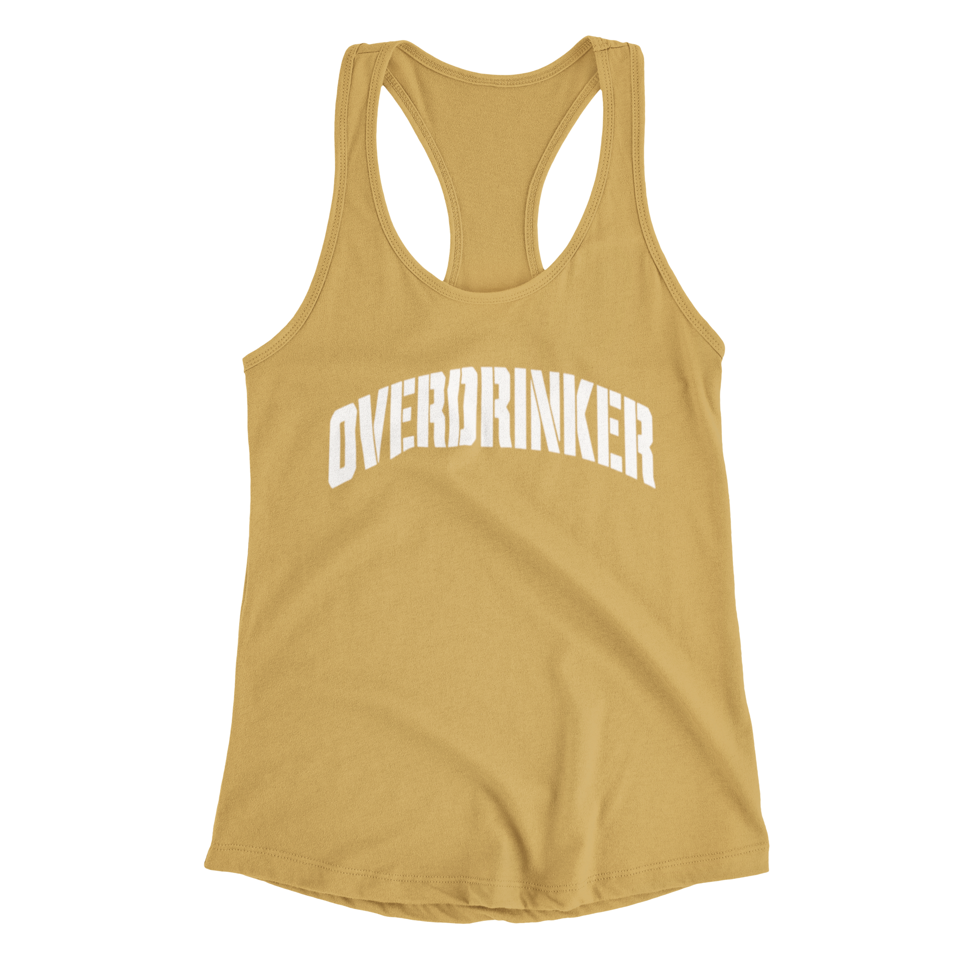 Gold pink racerback tank top with bold “Overdrinker” text in white