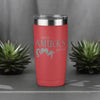 Red tumbler with silver text that reads "Zero Amucks Given," featuring silhouettes of three witches' hairstyles, perfect for Halloween-themed drinkware.