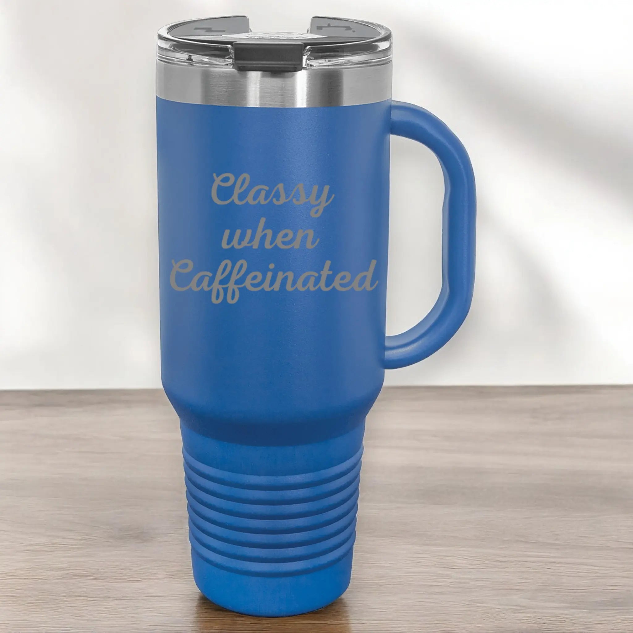 Side view of 40oz laser etched "Classy When Caffeinated" tumbler green with handle - insulated drinkware for those who are only civilized with coffee