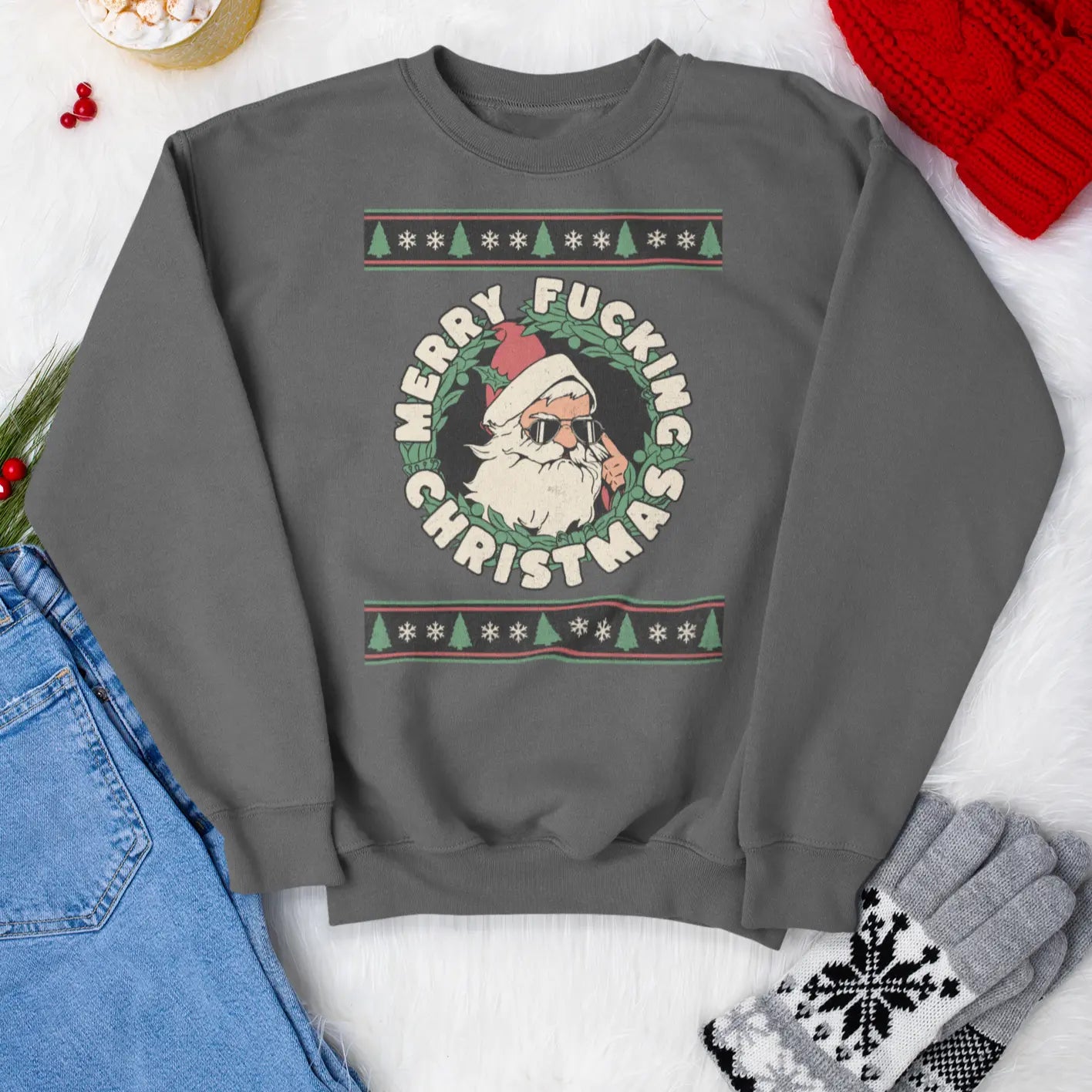 Gray Christmas sweatshirt mockup with snarky Santa graphic, witty holiday crewneck for women and men