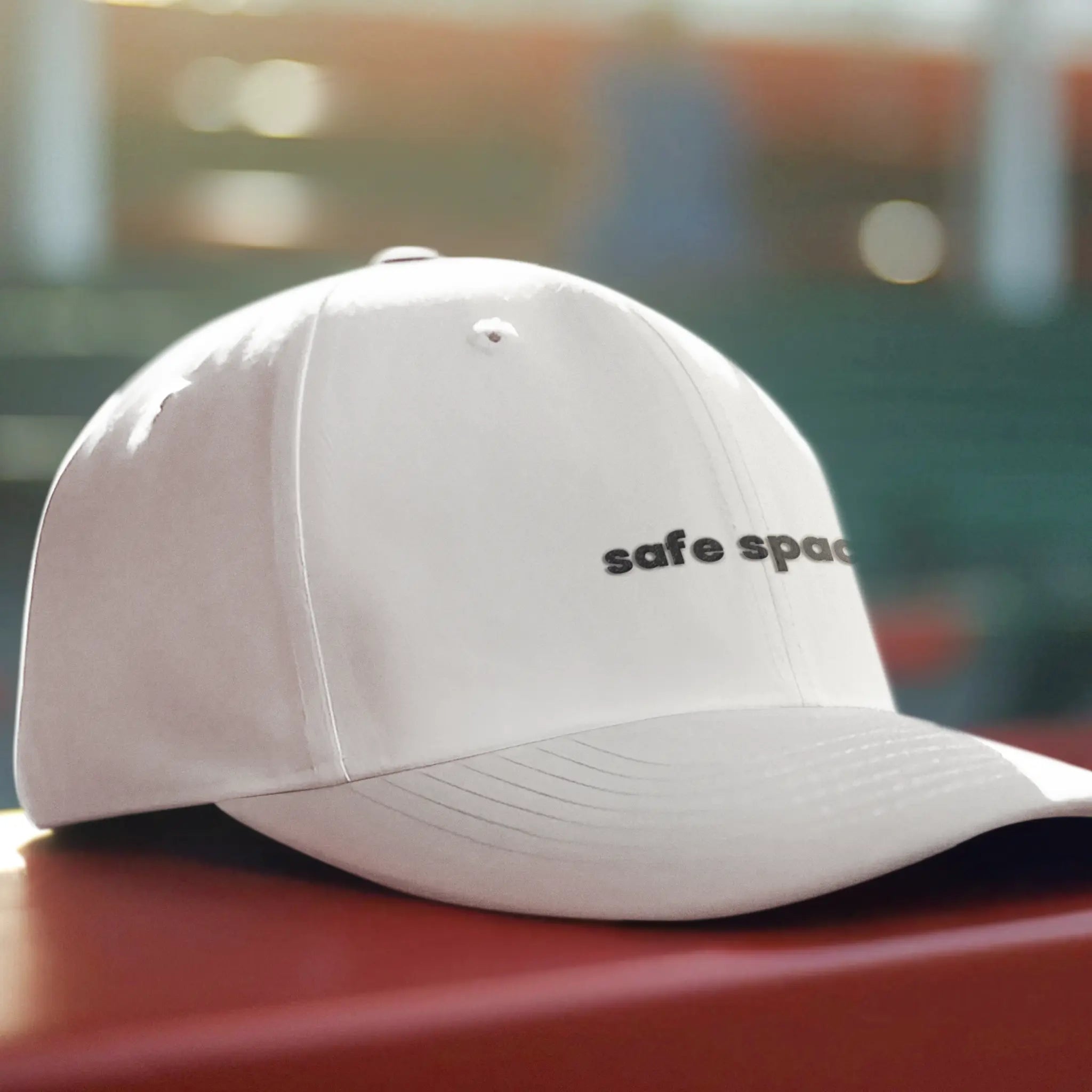 Pride ally dad hat in white with black embroidery reading “safe space.” inclusive supportive cap