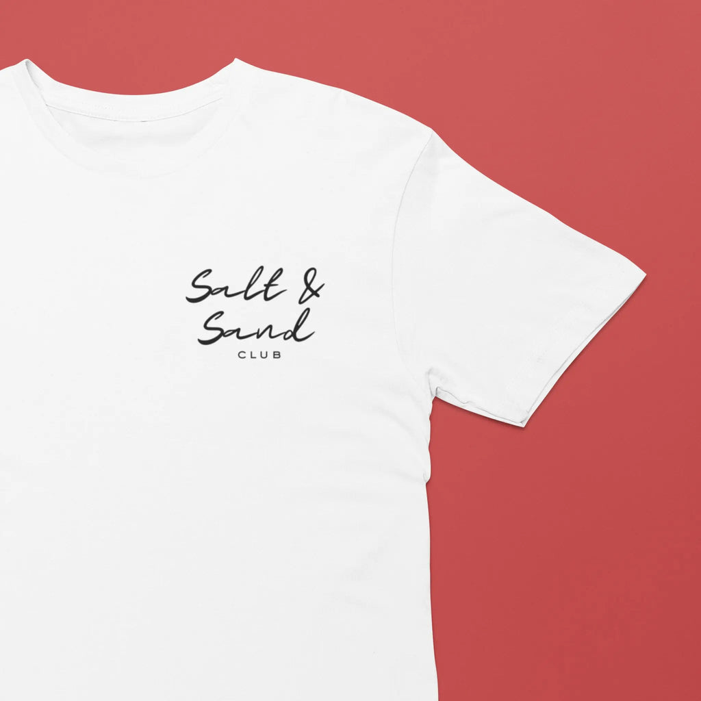Salt & Sand Club beach shirt with front logo and back palm sunset graphic, vacation outfit tee