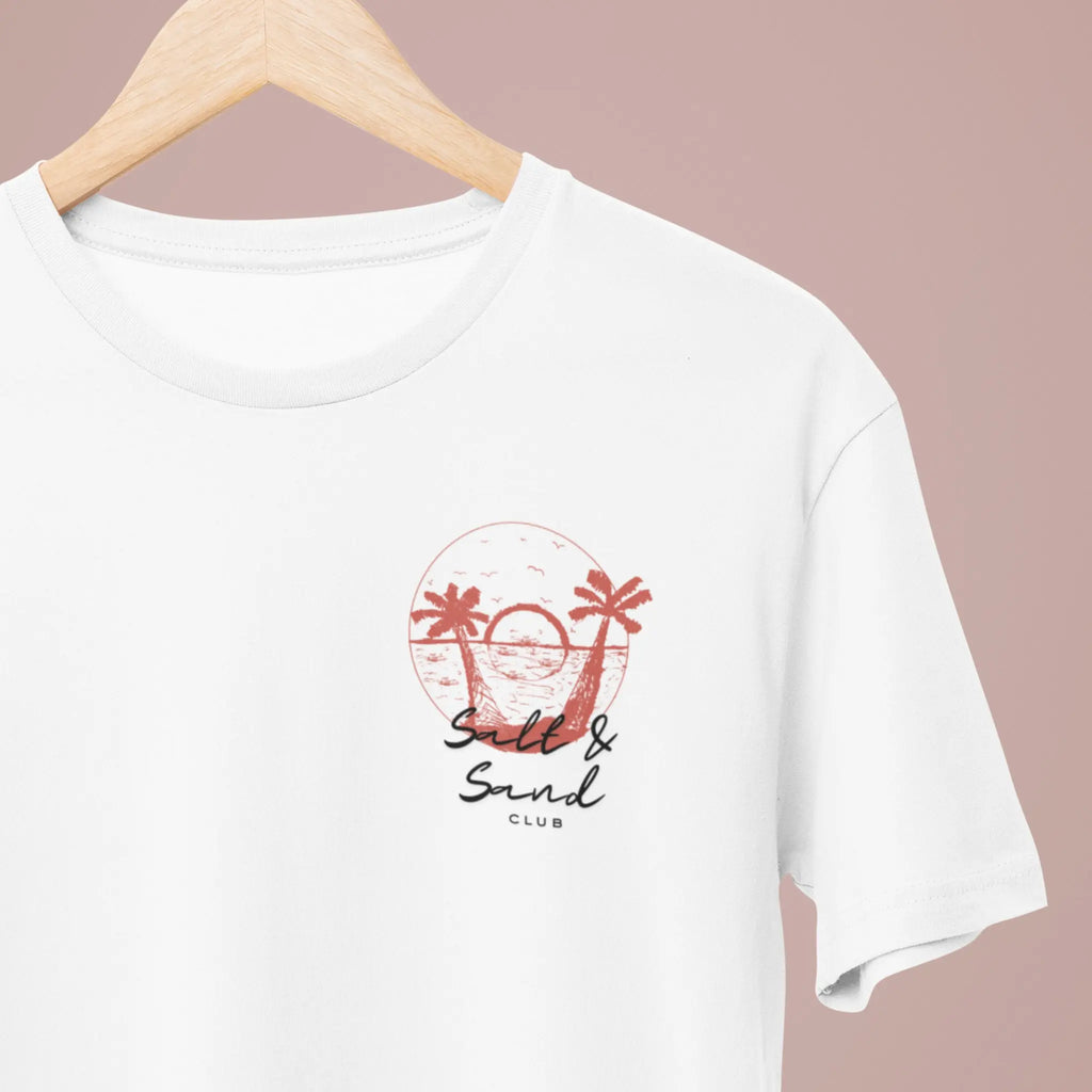 White t-shirt featuring palm trees and sunset circle graphic with “Salt & Sand Club” text, summer beach tee