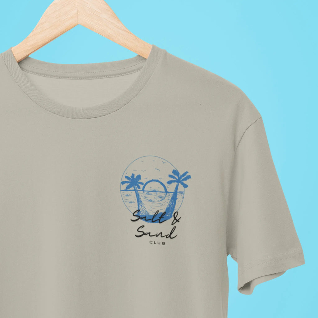 Minimal beach graphic shirt with “Salt & Sand Club” wording, coastal lifestyle tee for ocean lovers