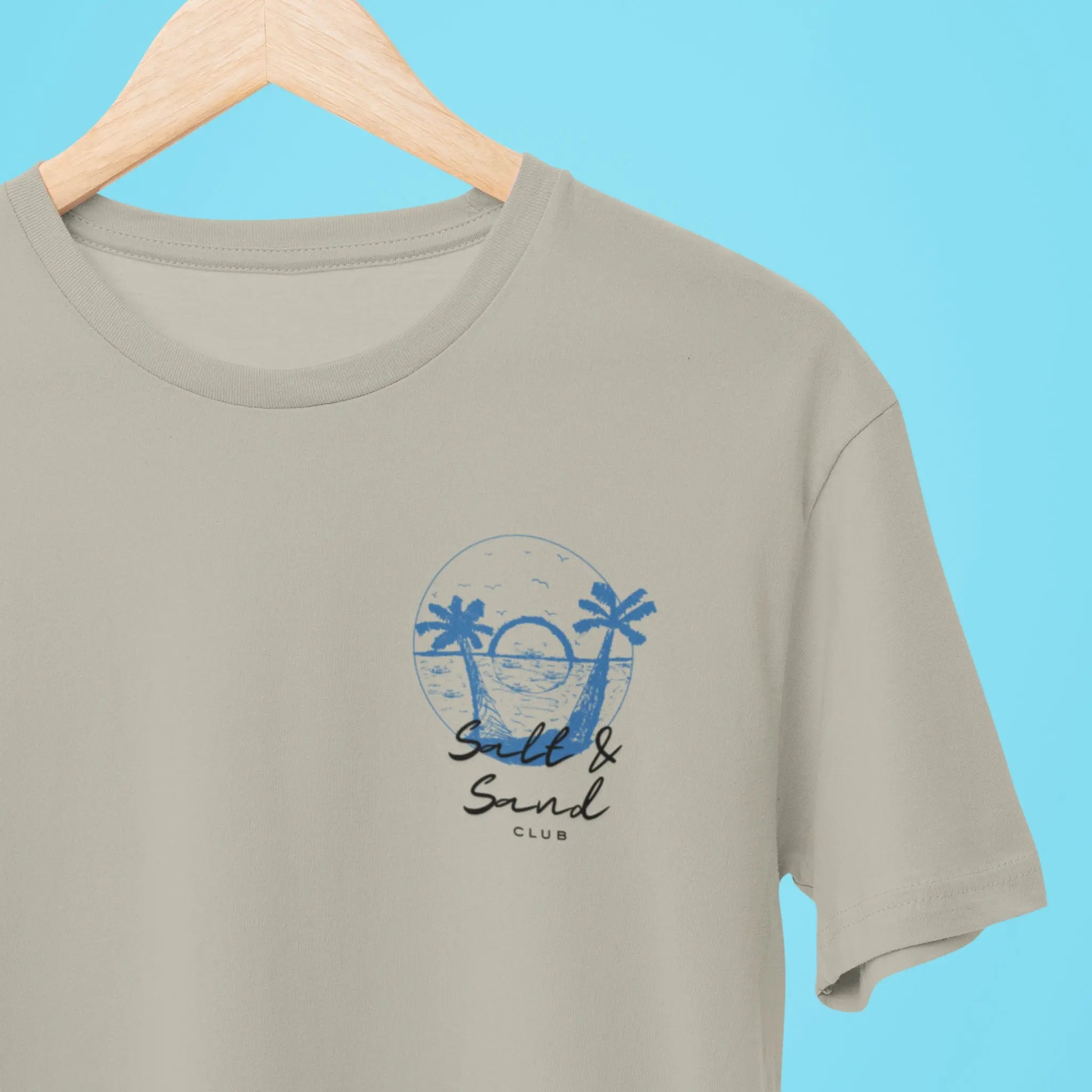 Minimal beach graphic shirt with “Salt & Sand Club” wording, coastal lifestyle tee for ocean lovers