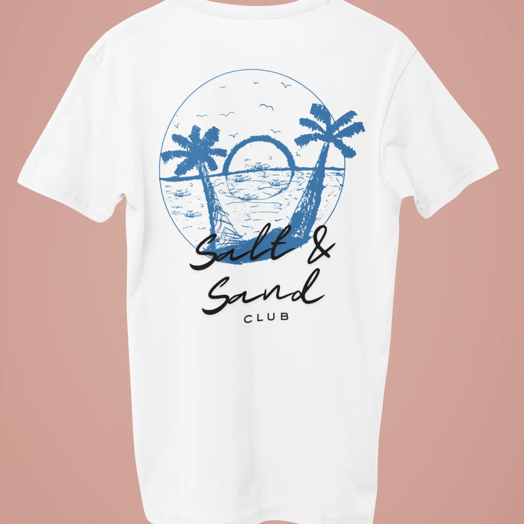 Back view of “Salt & Sand Club” shirt with palm trees and ocean sunset illustration, coastal summer t-shirt