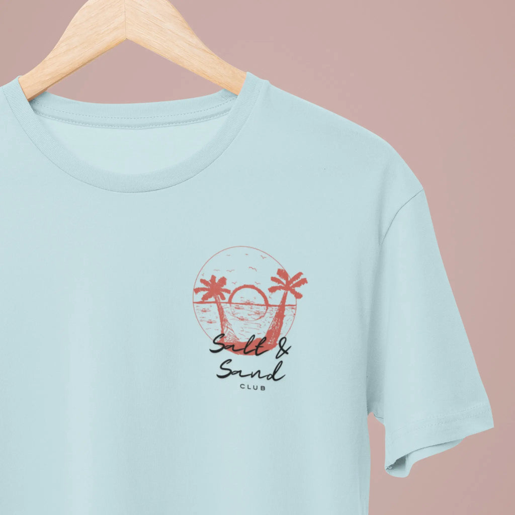 Summer vacation shirt with palm trees and sunset graphic reading “Salt & Sand Club,” beach lover tee