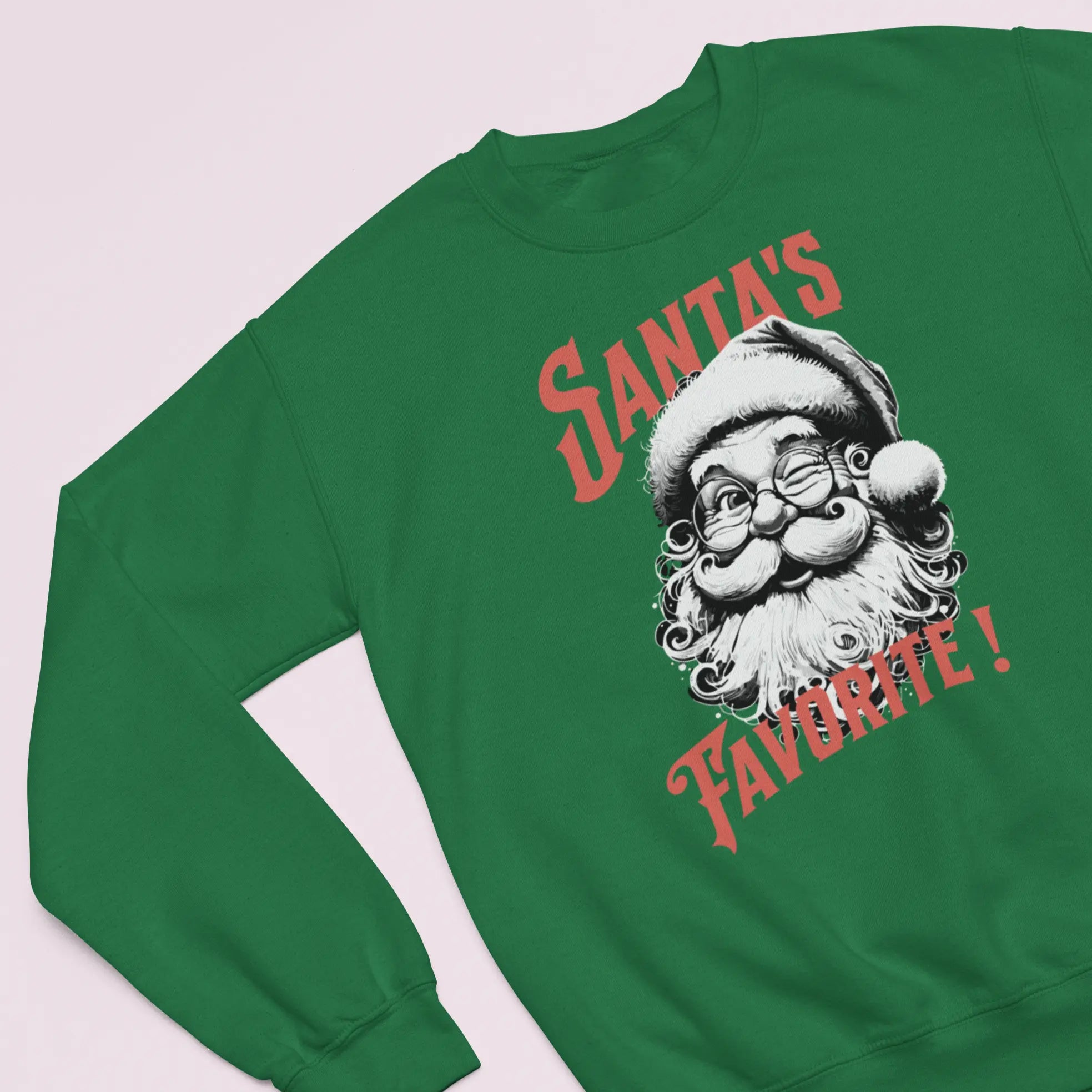 Unisex Christmas crew sweatshirt in green featuring vintage Santa illustration and “Santa’s Favorite!” holiday saying