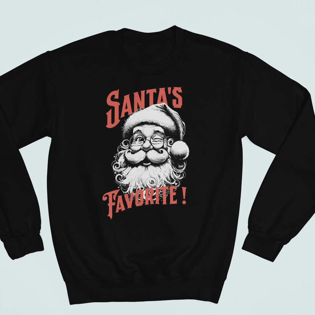 Black unisex crewneck sweatshirt with Santa face graphic and “Santa’s Favorite!” funny Christmas holiday design