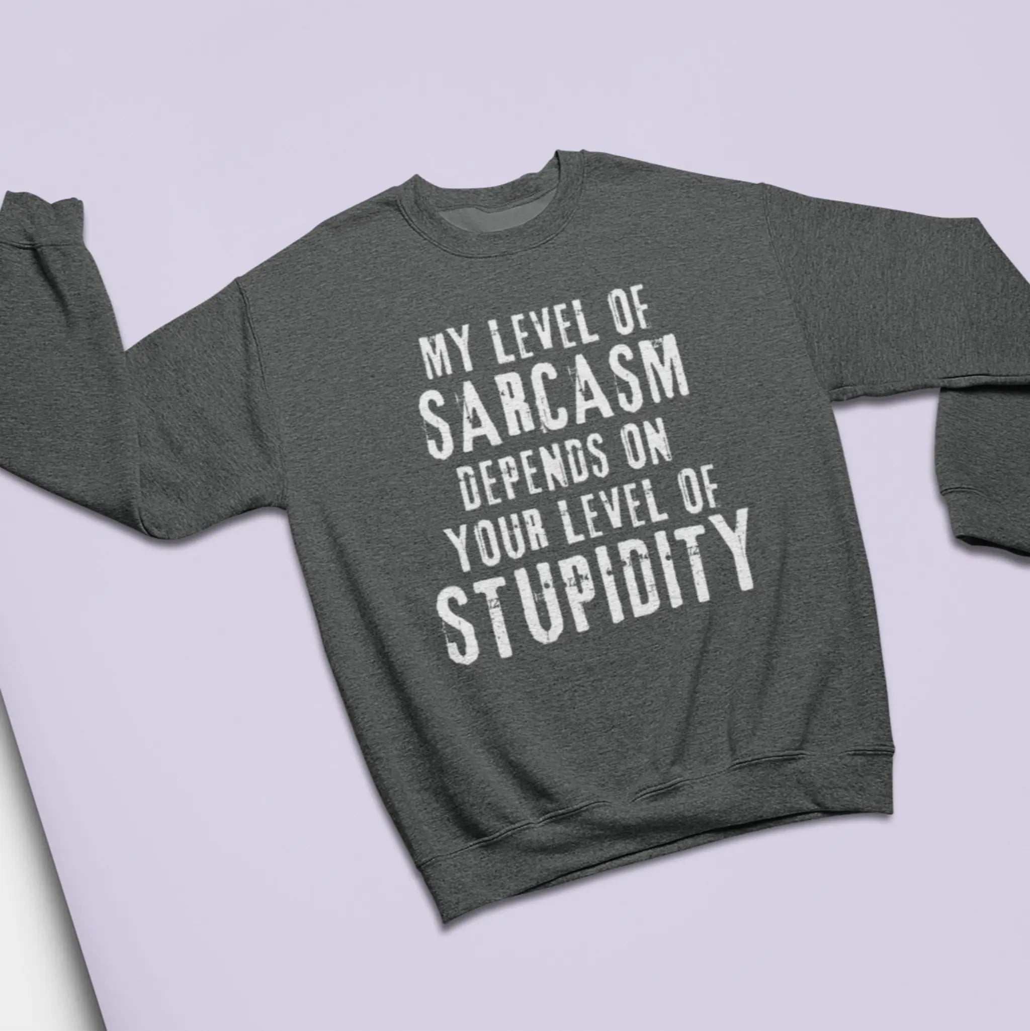 Charcoal "My Level Of Sarcasm Depends On Your Level Of Stupidity" sweatshirt - funny attitude humor sweater for sarcastic people who deal with idiots