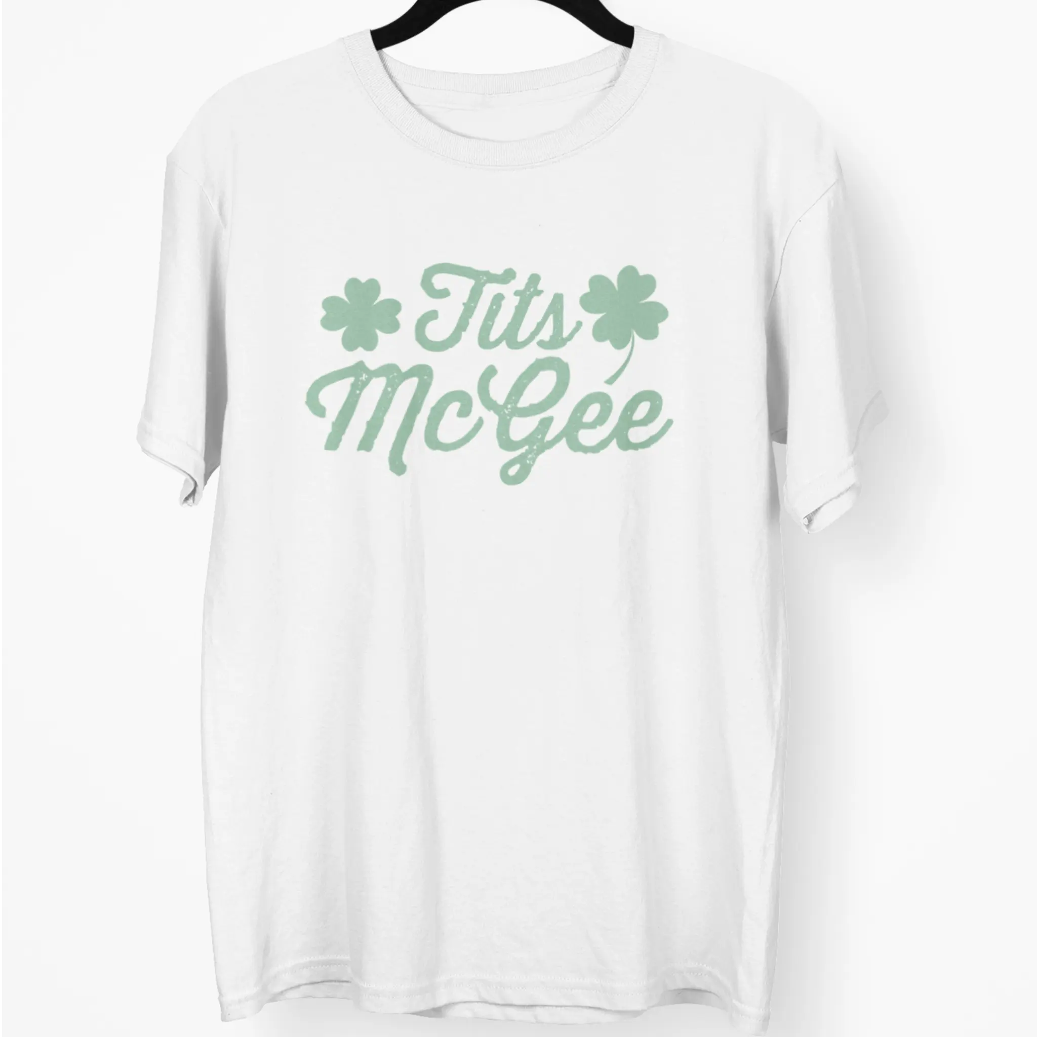 Irish themed St. Patrick’s Day shirt with green “Tits McGee” design and shamrocks, humorous party tee