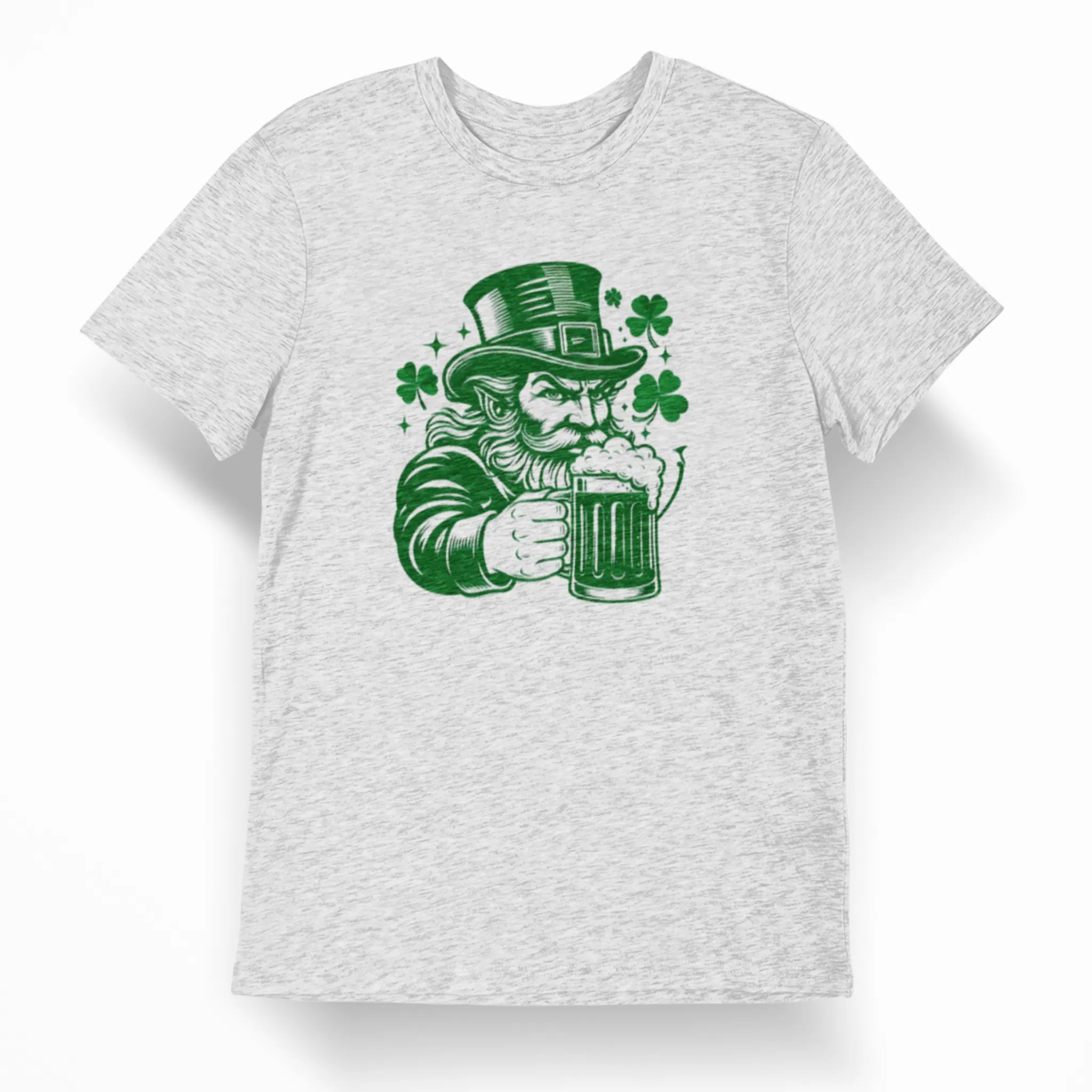 Funny St. Patrick’s Day shirt featuring a green leprechaun drinking beer with shamrocks, festive Irish tee