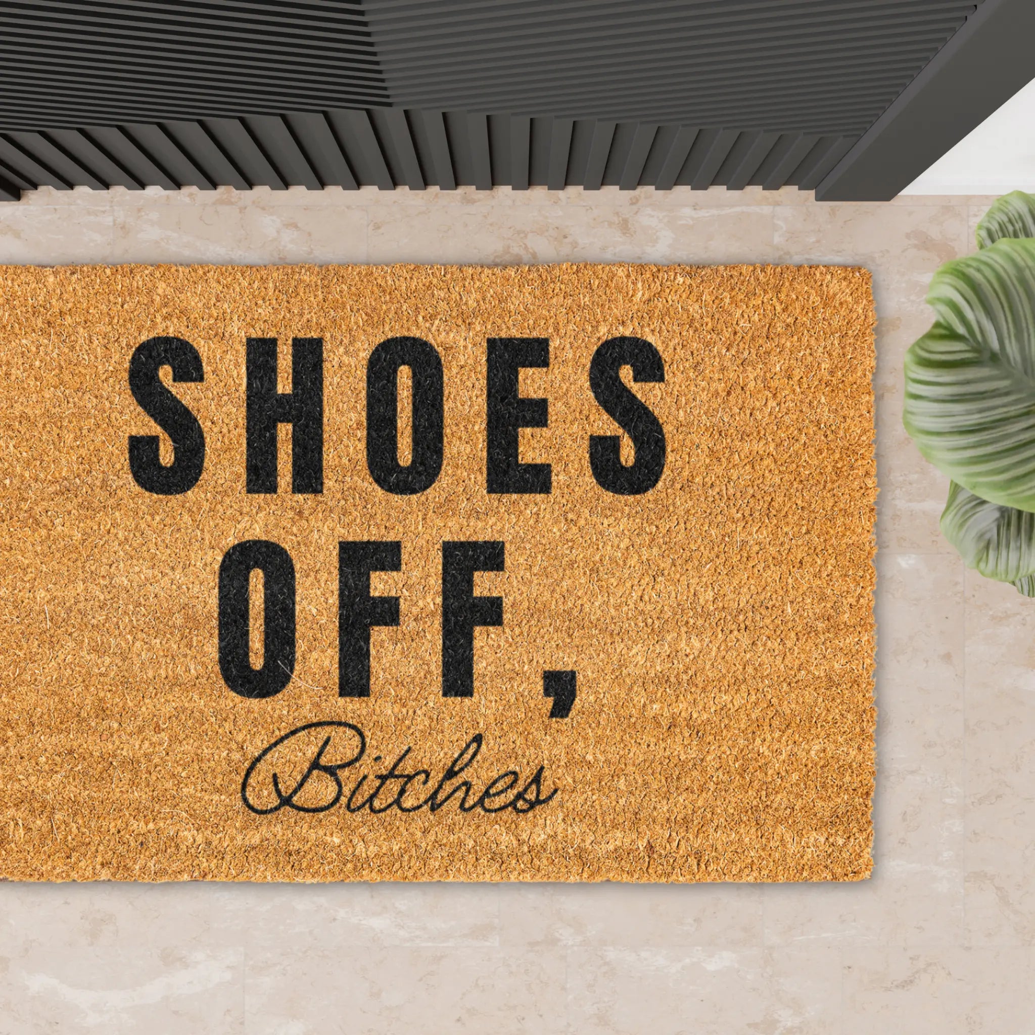 "SHOES OFF, Bitches" natural coir doormat with sandals - funny welcome mat with sassy attitude perfect for front door and entryway humor