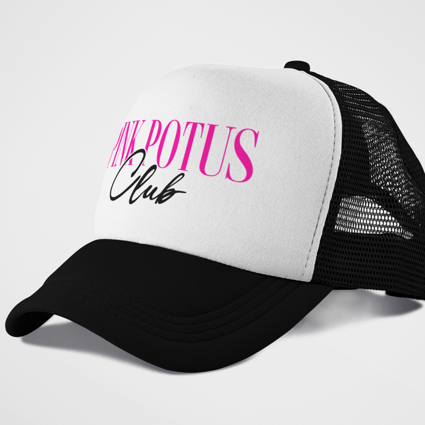 side view 'Pink POTUS Club' foam trucker hat with bold pink and black text, inspired by Pink Pony Club with a presidential twist.