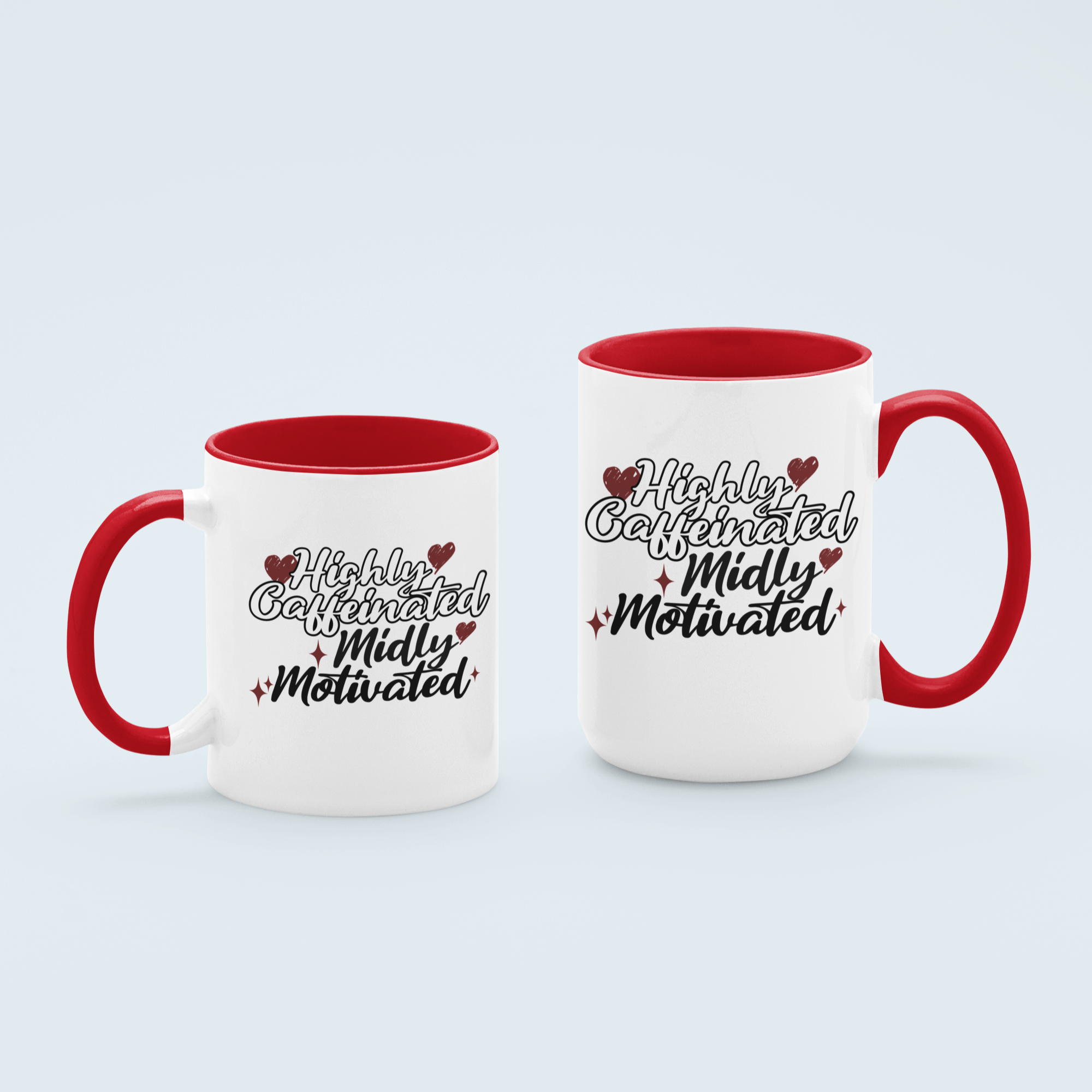 Red Highly Caffeinated, Mildly Motivated coffee mug available in 11 oz and 15 oz sizes, featuring a durable ceramic design with bold lettering.