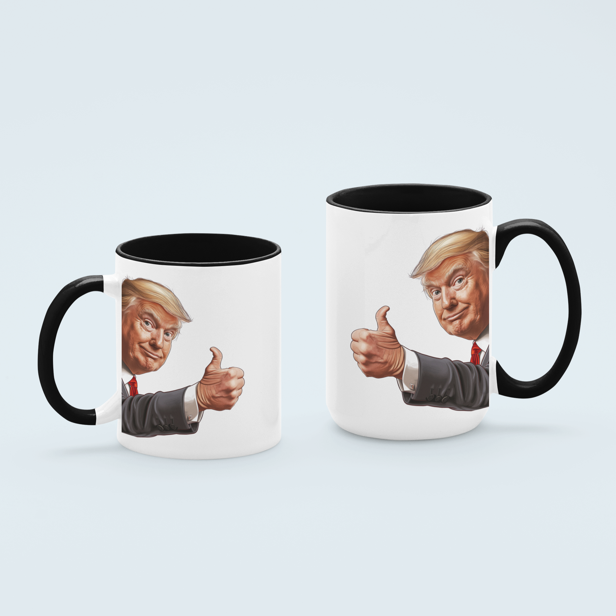 Black Donald Trump thumbs-up graphic ceramic mug available in 11 oz and 15 oz sizes, featuring a durable design with blue handle and interior.