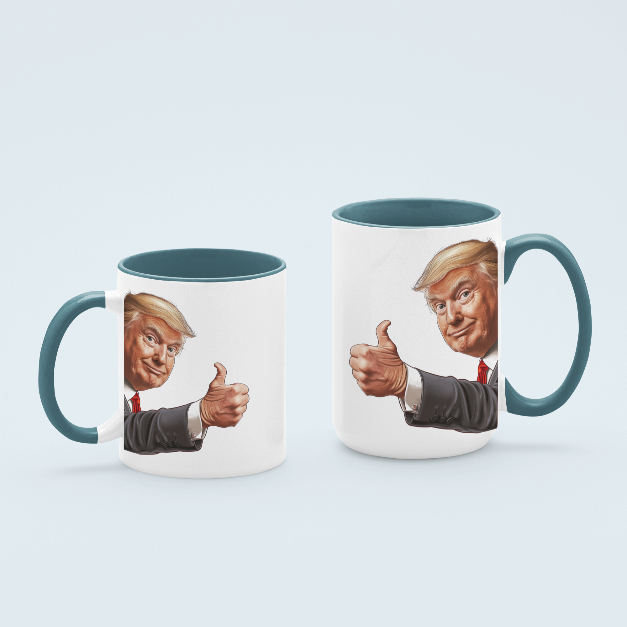 Light Blue Donald Trump thumbs-up graphic ceramic mug available in 11 oz and 15 oz sizes, featuring a durable design with blue handle and interior.
