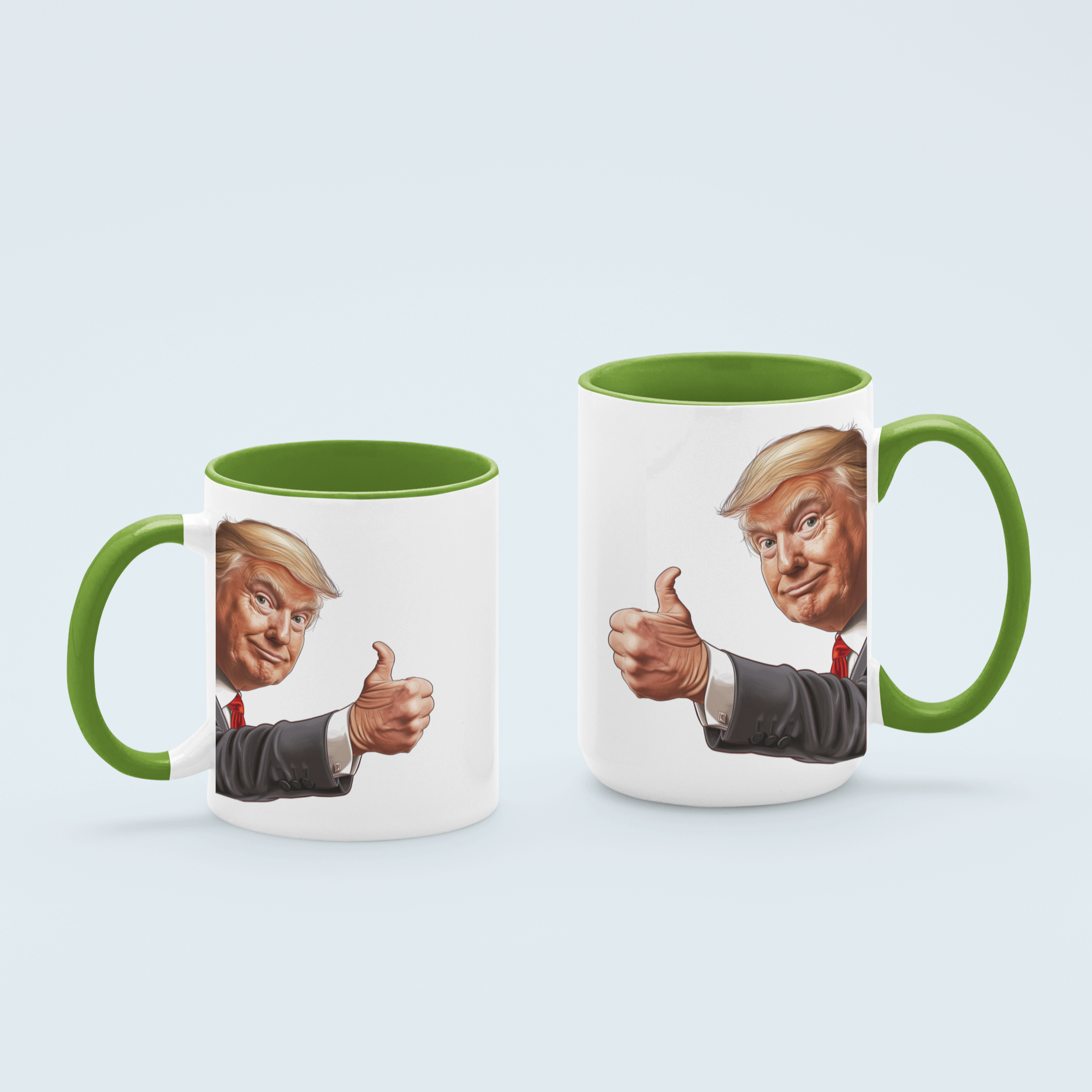Green Donald Trump thumbs-up graphic ceramic mug available in 11 oz and 15 oz sizes, featuring a durable design with blue handle and interior.