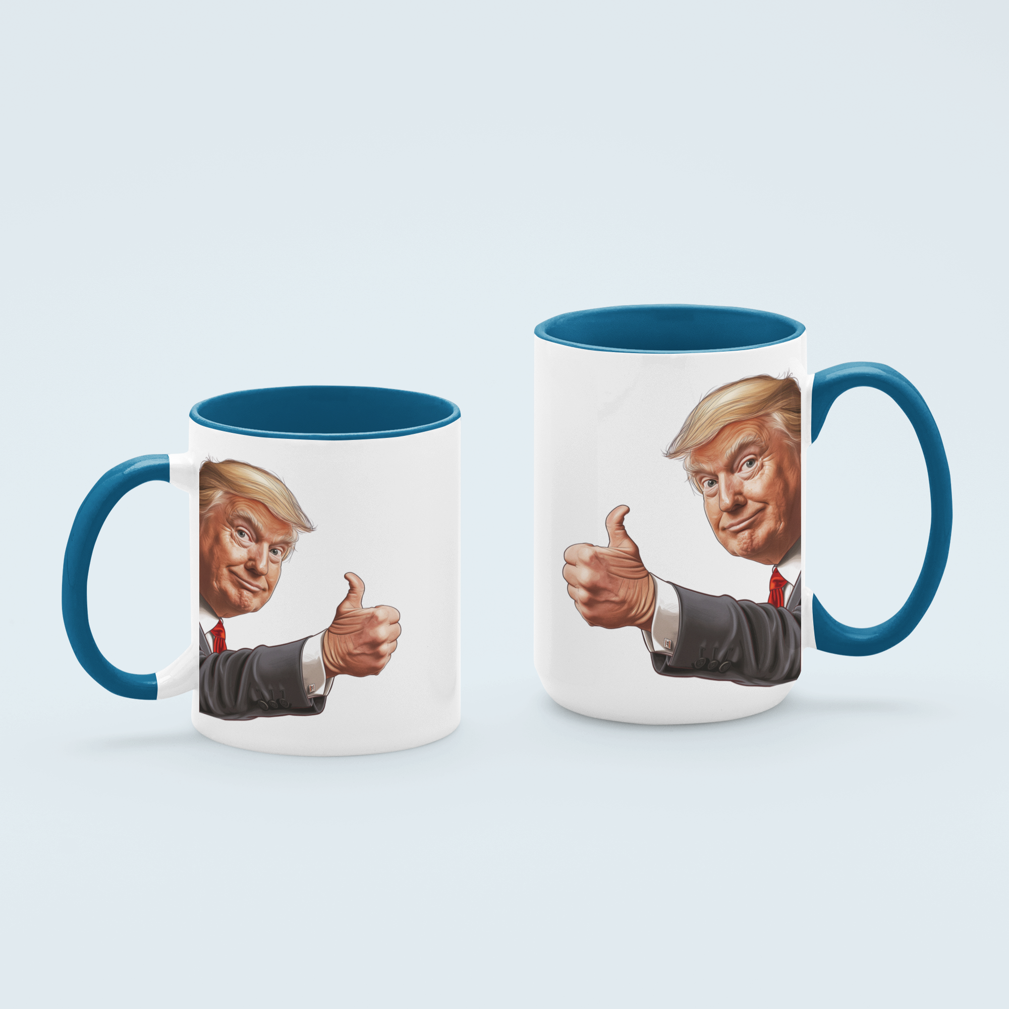 Blue Donald Trump thumbs-up graphic ceramic mug available in 11 oz and 15 oz sizes, featuring a durable design with blue handle and interior.