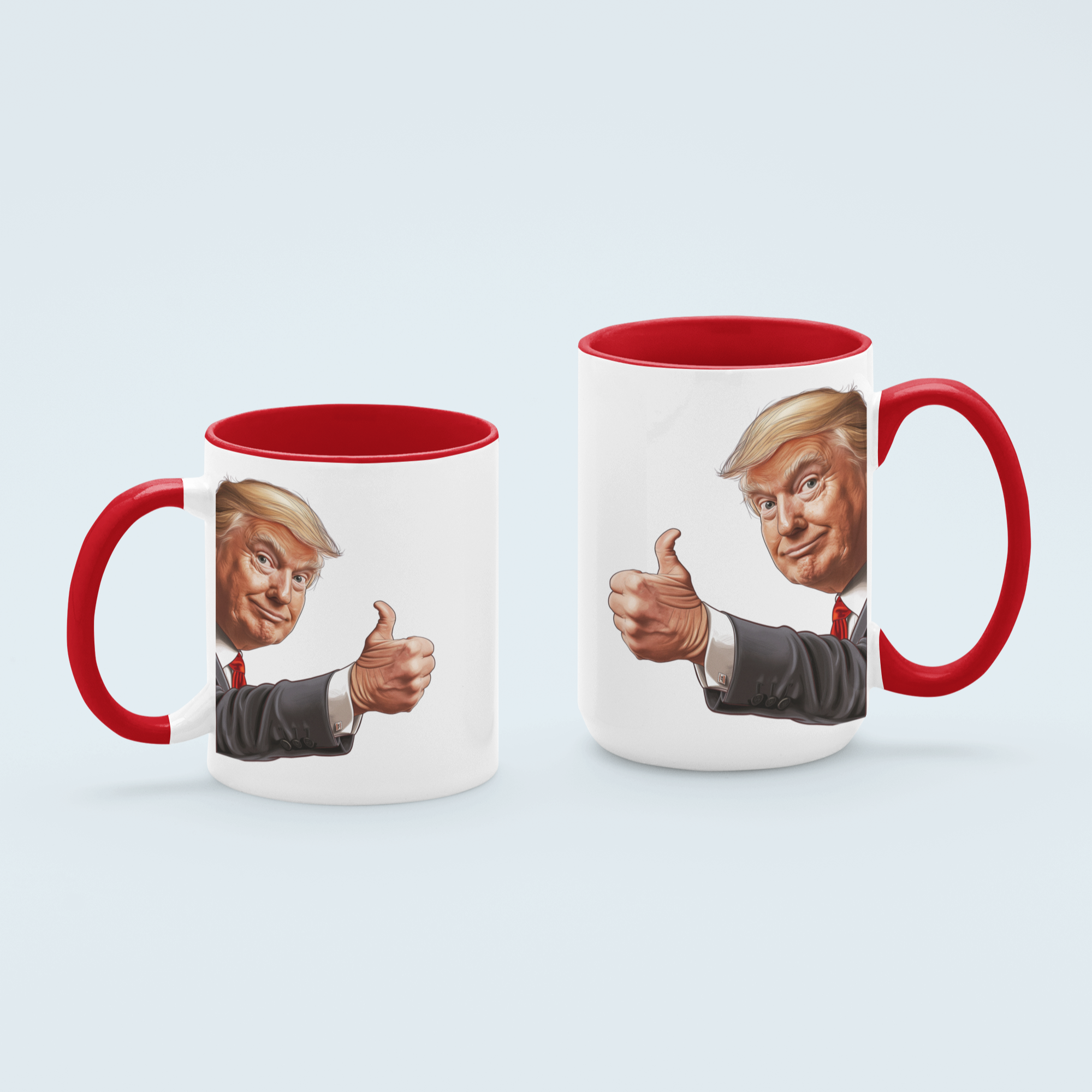 Red Donald Trump thumbs-up graphic ceramic mug available in 11 oz and 15 oz sizes, featuring a durable design with blue handle and interior.