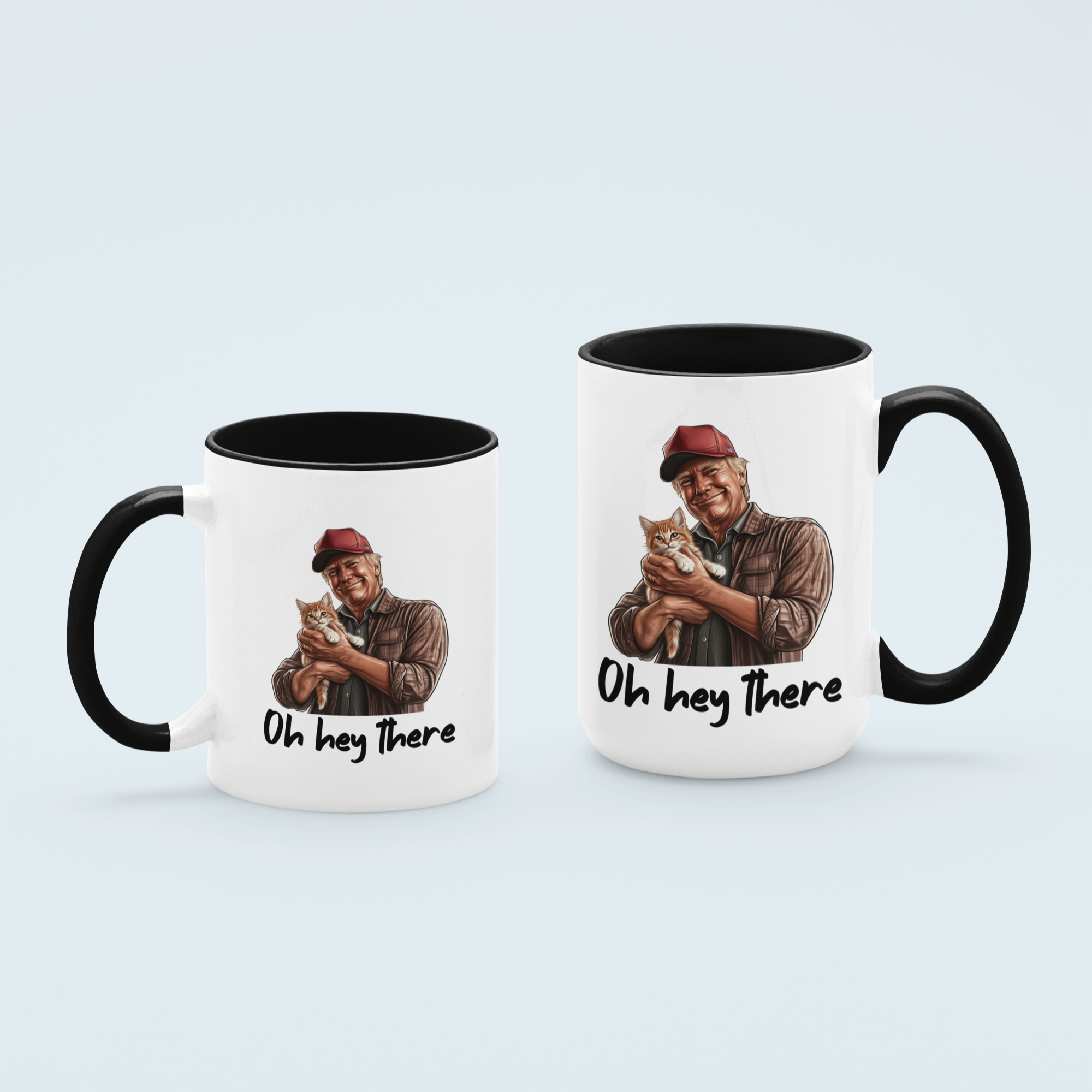 Black  'Oh Hey There' coffee mug featuring Trump holding a cat, available in 11 oz and 15 oz sizes with a durable ceramic design and blue handle.