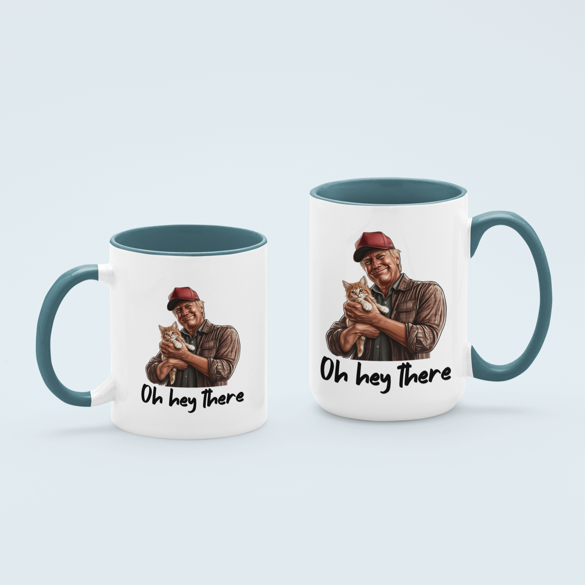 Light Blue 'Oh Hey There' coffee mug featuring Trump holding a cat, available in 11 oz and 15 oz sizes with a durable ceramic design and blue handle.