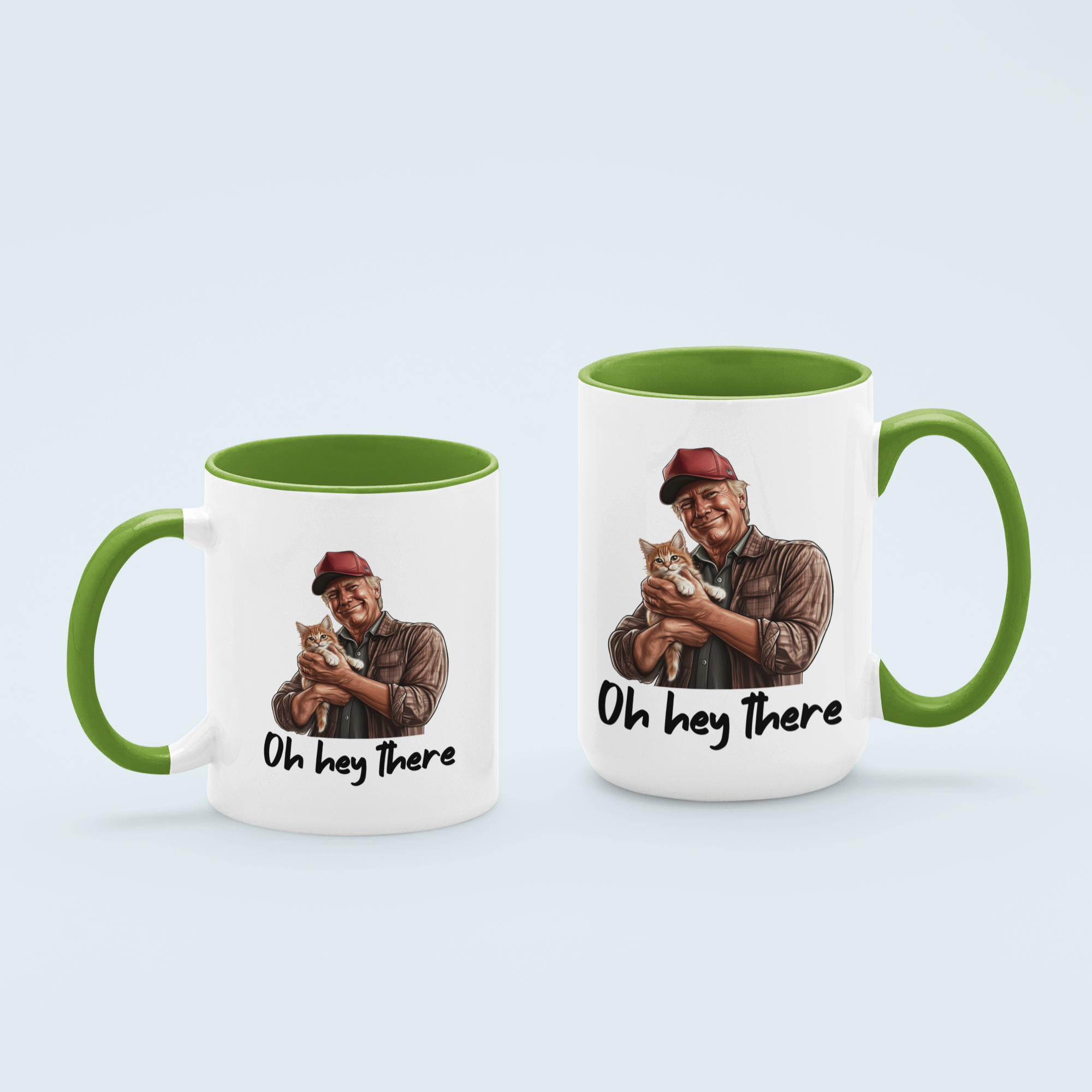 Green Oh Hey There' coffee mug featuring Trump holding a cat, available in 11 oz and 15 oz sizes with a durable ceramic design and blue handle.
