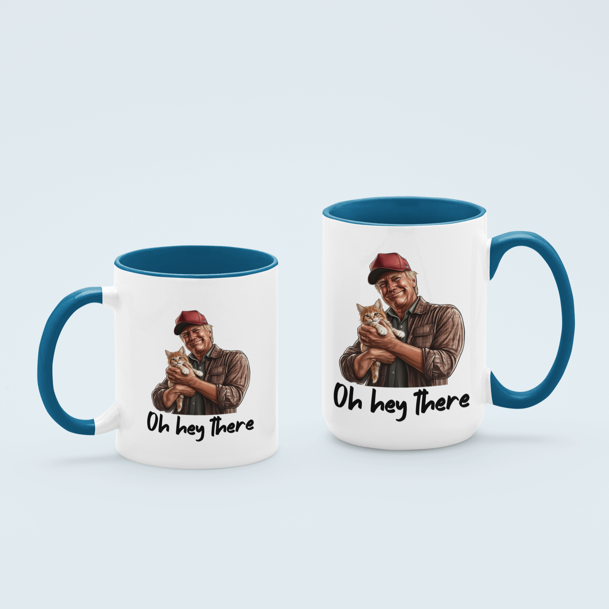 Blue Oh Hey There' coffee mug featuring Trump holding a cat, available in 11 oz and 15 oz sizes with a durable ceramic design and blue handle.