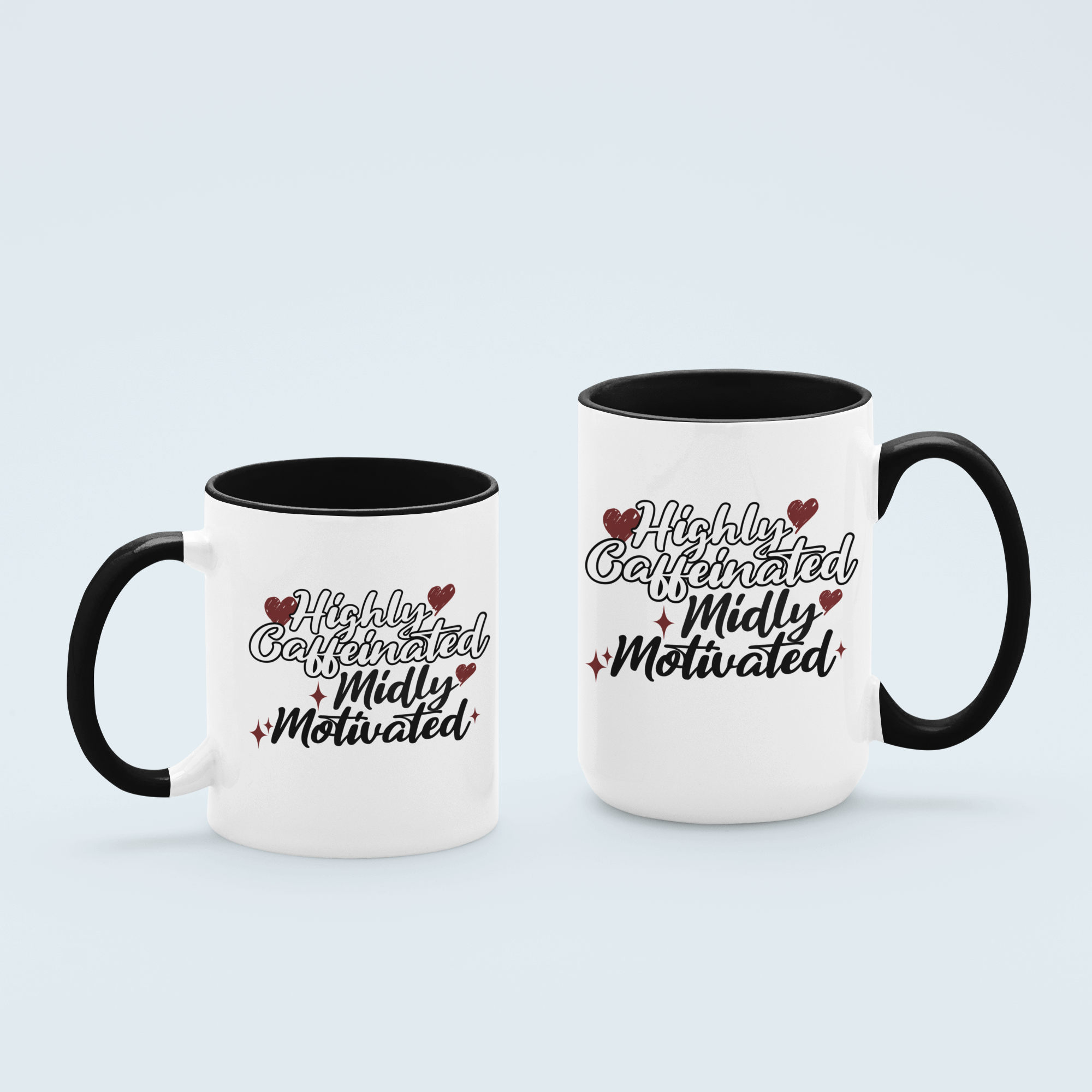 Black Highly Caffeinated, Mildly Motivated coffee mug available in 11 oz and 15 oz sizes, featuring a durable ceramic design with bold lettering.