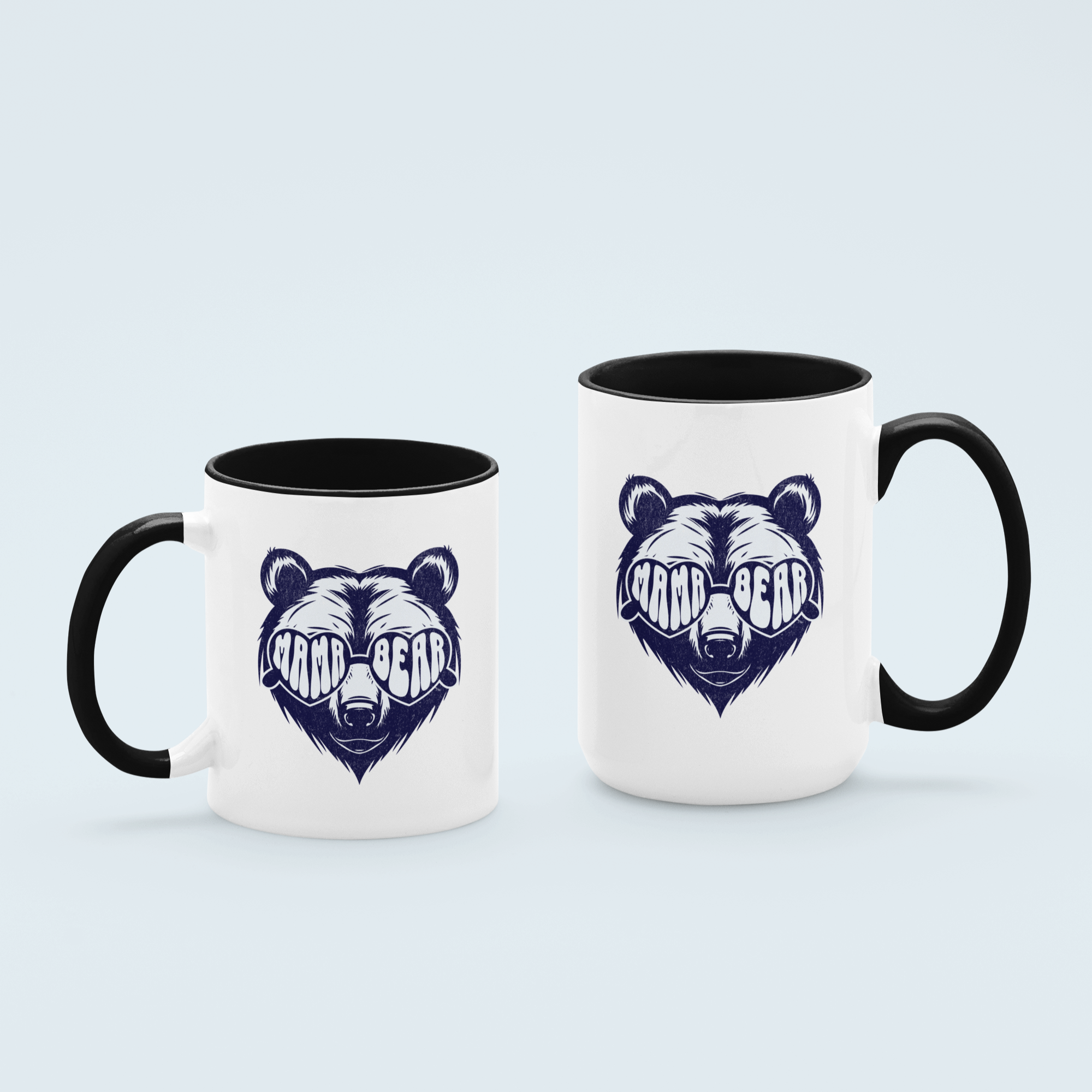 black 'Mama Bear' ceramic coffee mug with bold bear graphic, available in 11 oz and 15 oz sizes, featuring a durable two-tone design.