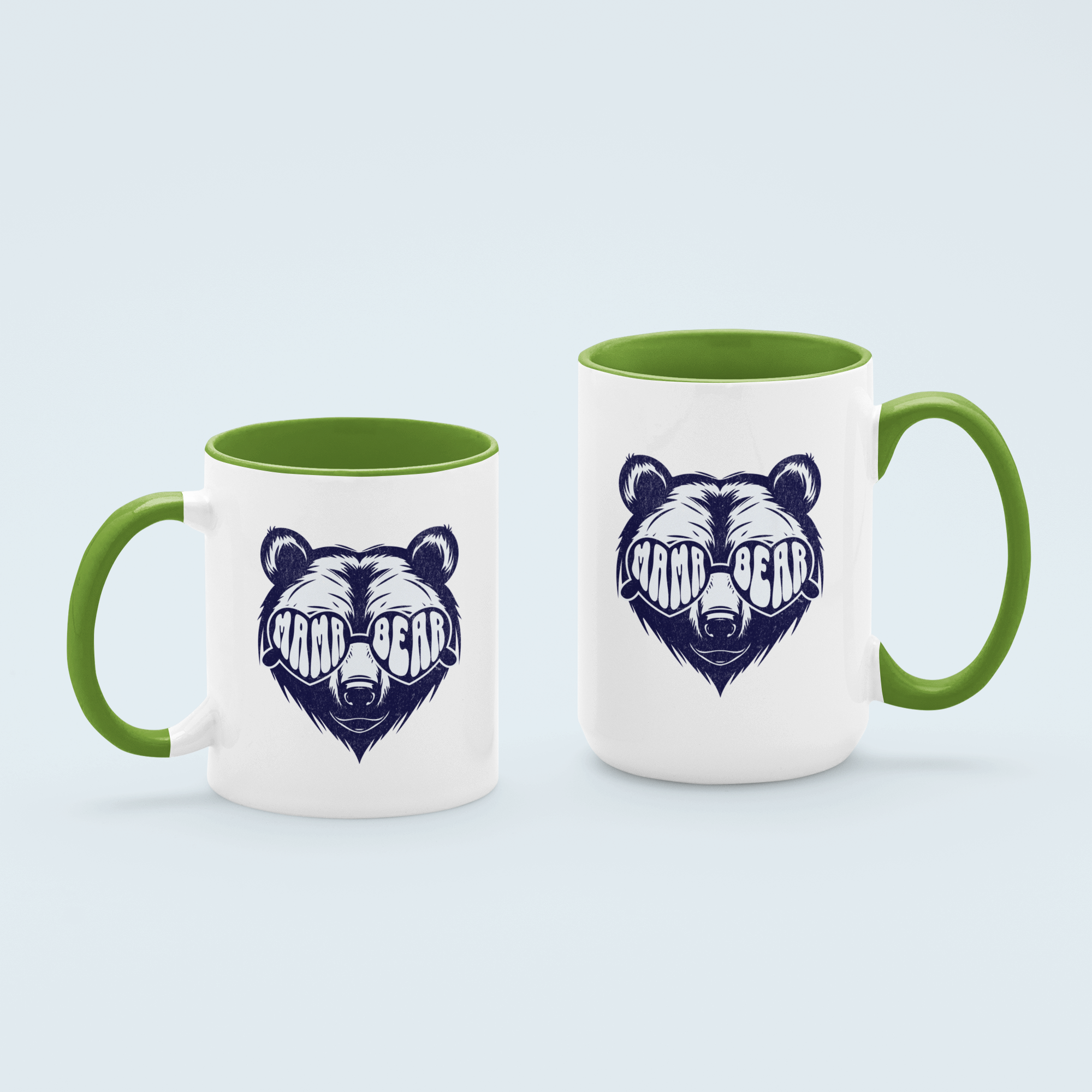 Green 'Mama Bear' ceramic coffee mug with bold bear graphic, available in 11 oz and 15 oz sizes, featuring a durable two-tone design.