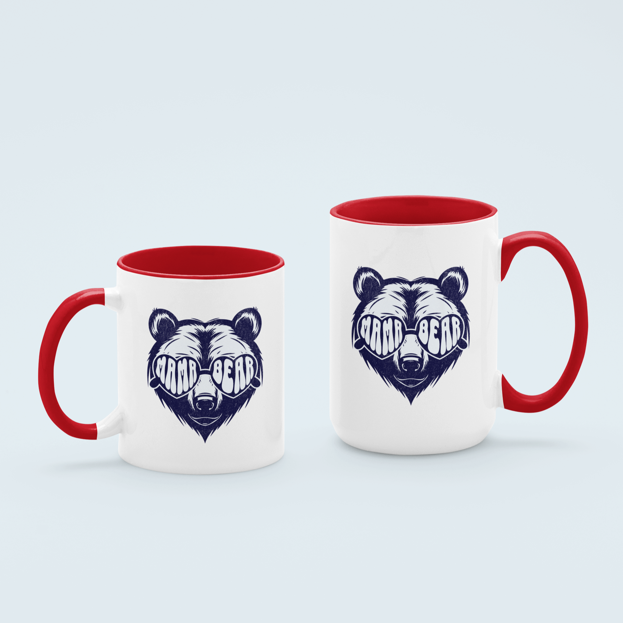 Red 'Mama Bear' ceramic coffee mug with bold bear graphic, available in 11 oz and 15 oz sizes, featuring a durable two-tone design.