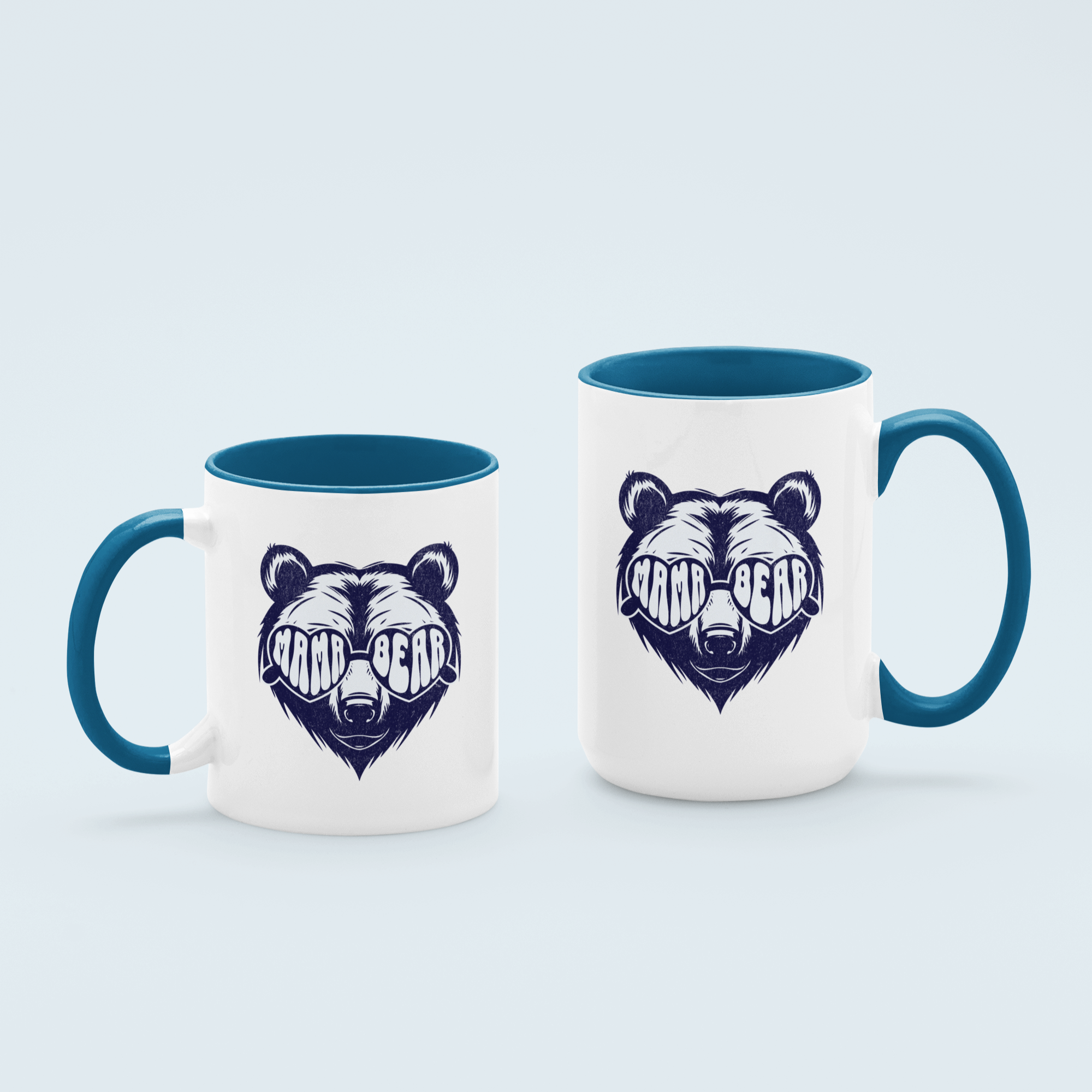'Mama Bear' ceramic coffee mug with bold bear graphic, available in 11 oz and 15 oz sizes, featuring a durable two-tone design.