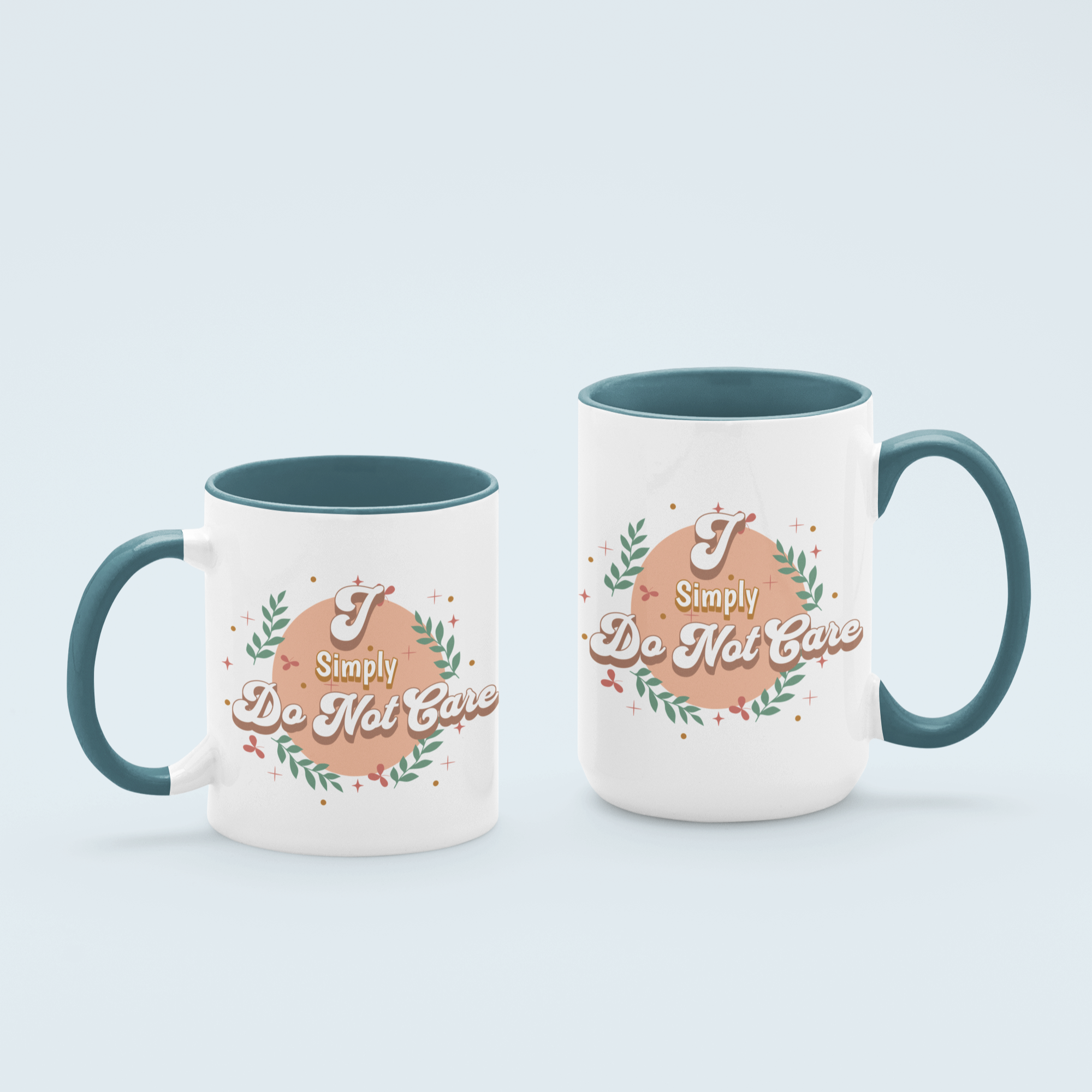 Dark blue 'I Simply Do Not Care' ceramic coffee mug available in 11 oz and 15 oz sizes, featuring a durable and stylish design perfect for coffee lovers.
