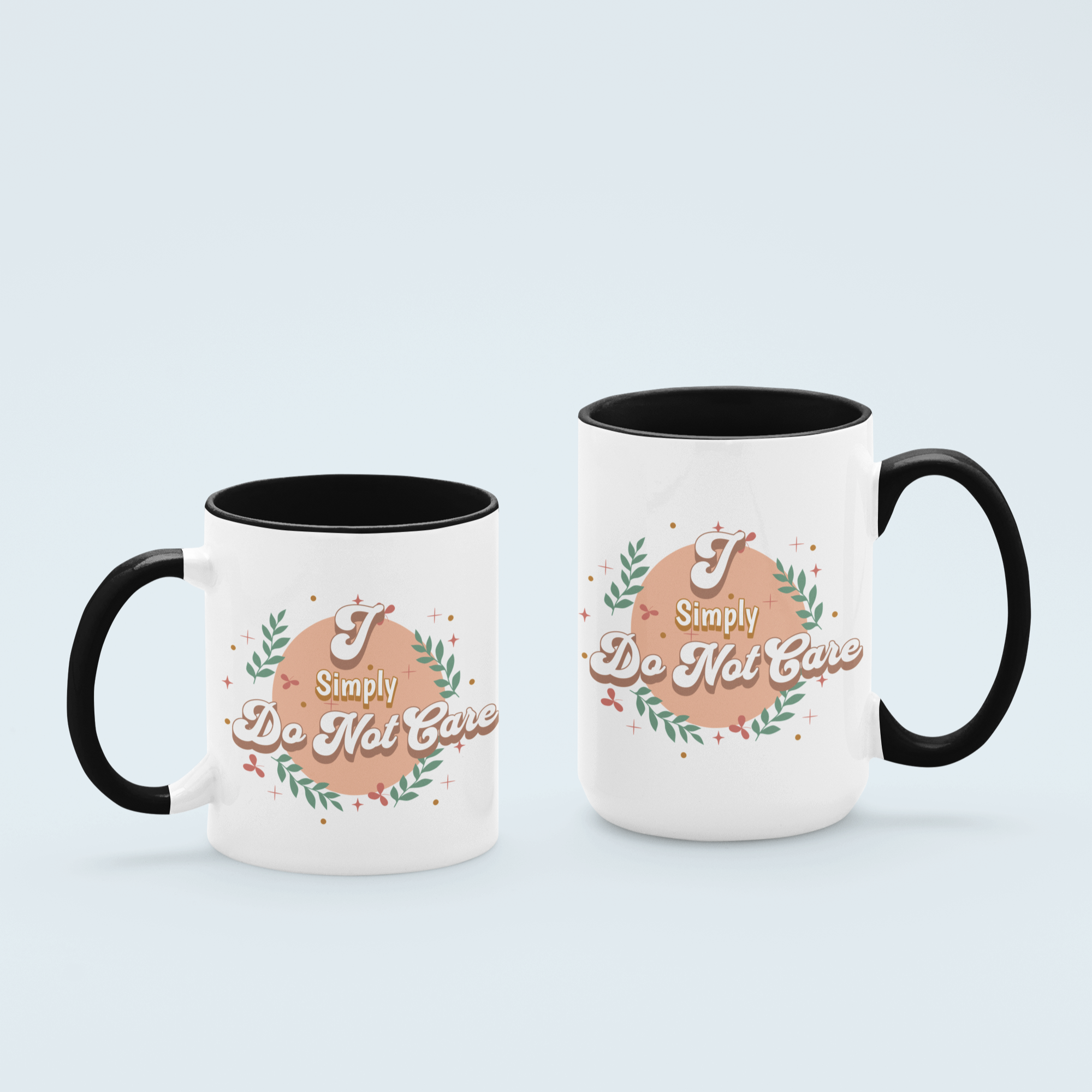 black 'I Simply Do Not Care' ceramic coffee mug available in 11 oz and 15 oz sizes, featuring a durable and stylish design perfect for coffee lovers.
