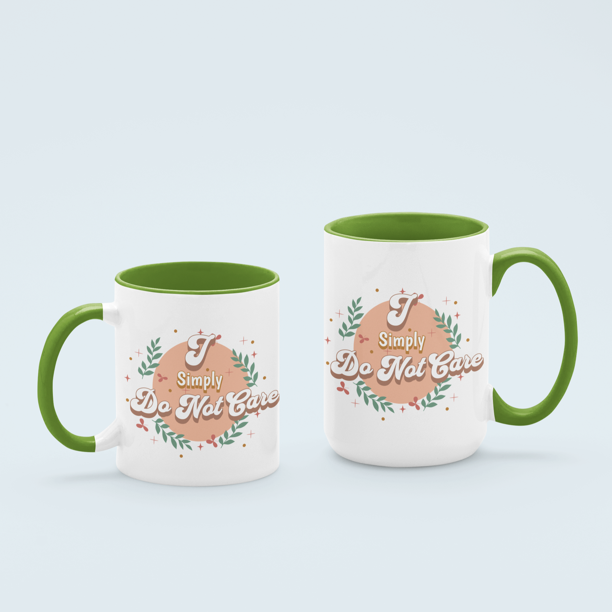 Green 'I Simply Do Not Care' ceramic coffee mug available in 11 oz and 15 oz sizes, featuring a durable and stylish design perfect for coffee lovers.