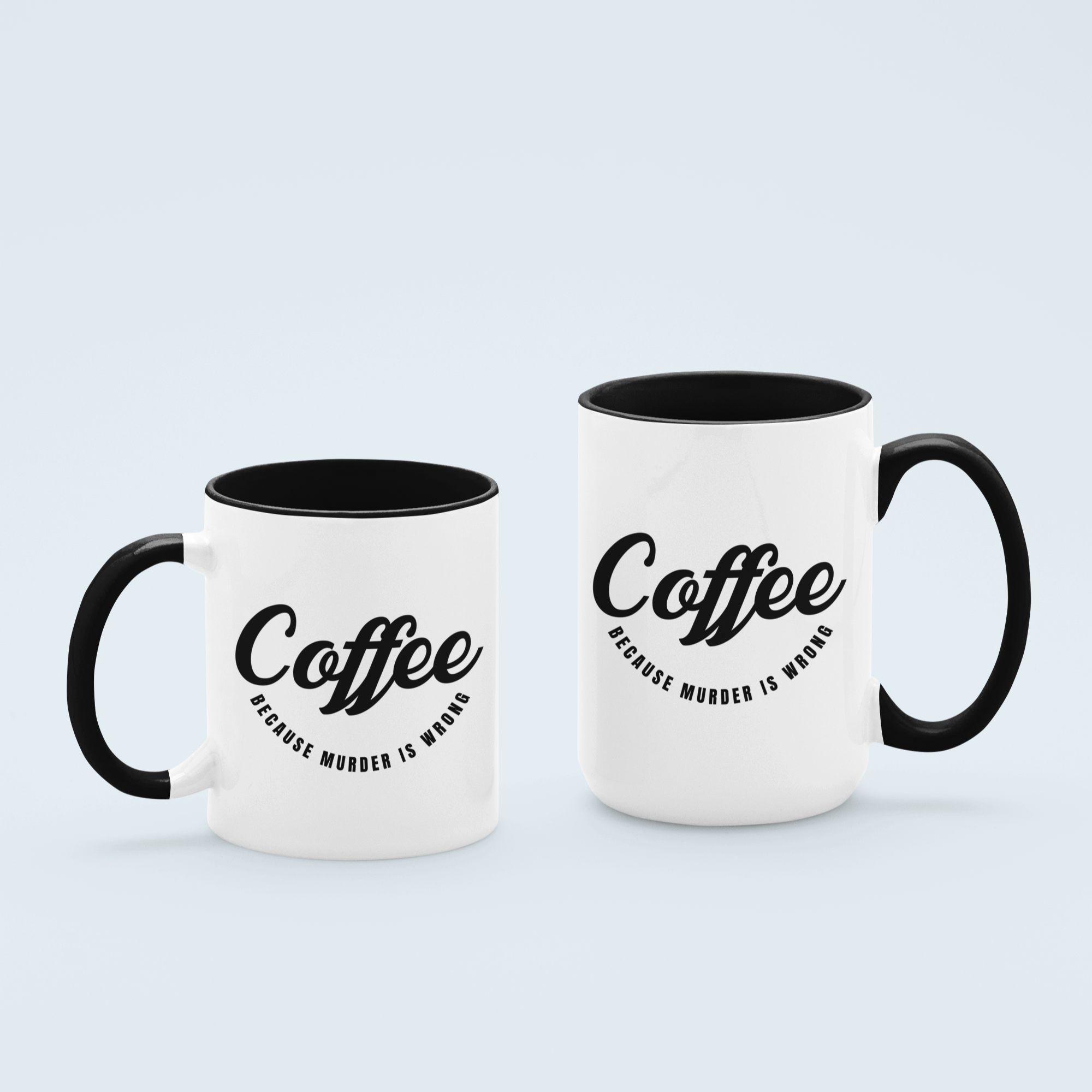 Black Coffee Because Murder Is Wrong' ceramic mug with red handle and interior, available in 11 oz and 15 oz sizes, perfect for coffee lovers with a sense of humor.