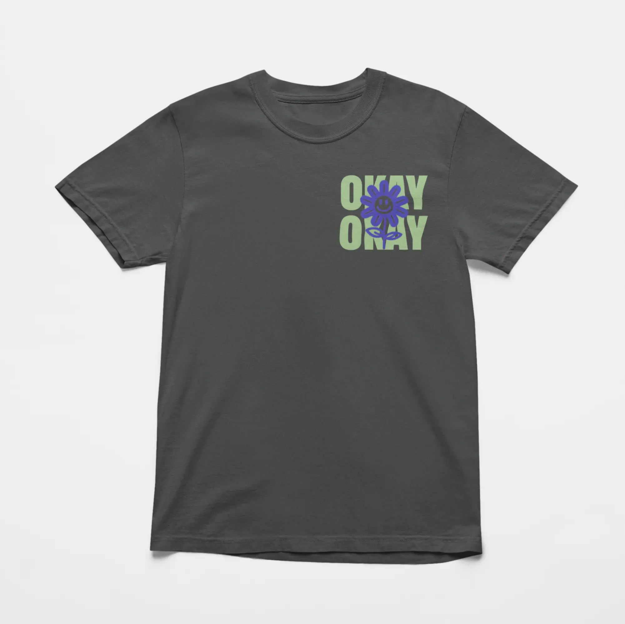 Front view of "It Might Not Be Okay" comfort colors t-shirt with happy flower design - mental health awareness tee