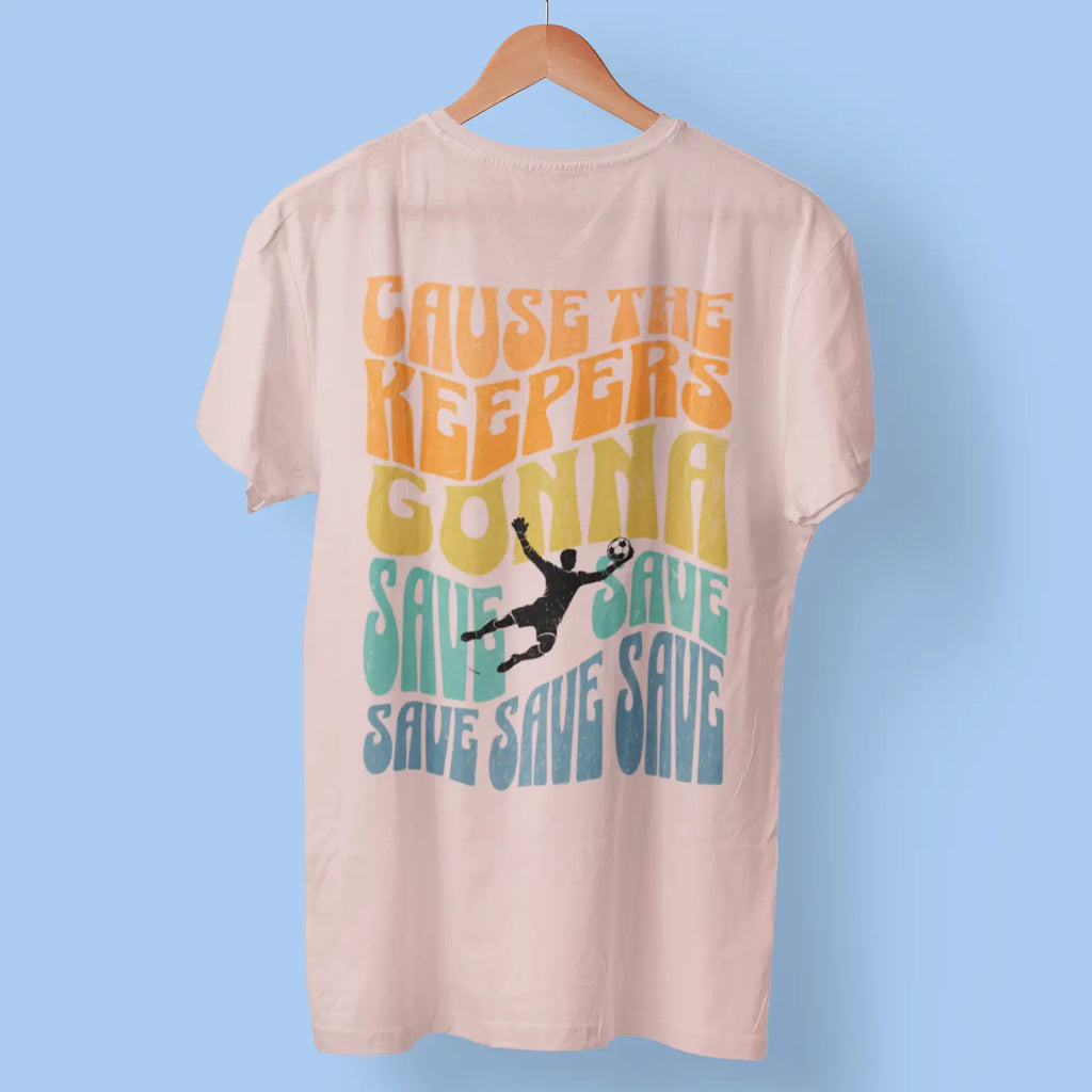 Back view of pink boys soccer goalkeeper t-shirt on hanger "Keepers Gonna Save" - goalie apparel perfect for confident shot-stopping goalkeepers