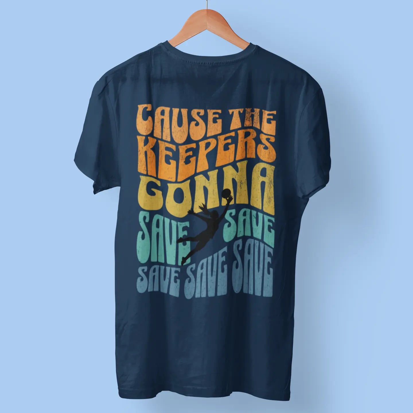 Back view of royal blue soccer goalkeeper t-shirt on hanger "Keepers Gonna Save" - keeper apparel with retro design for goalies