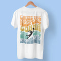 Back view of white soccer goalkeeper t-shirt on hanger "Cause the Keepers Gonna Save Save Save" - goalie shirt with retro rainbow design