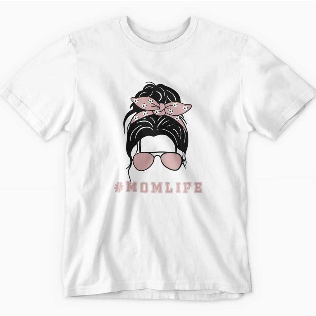 Soccer mom shirt with cool mom sunglasses and messy bun graphic - funny soccer parent t-shirt from After Five Designs