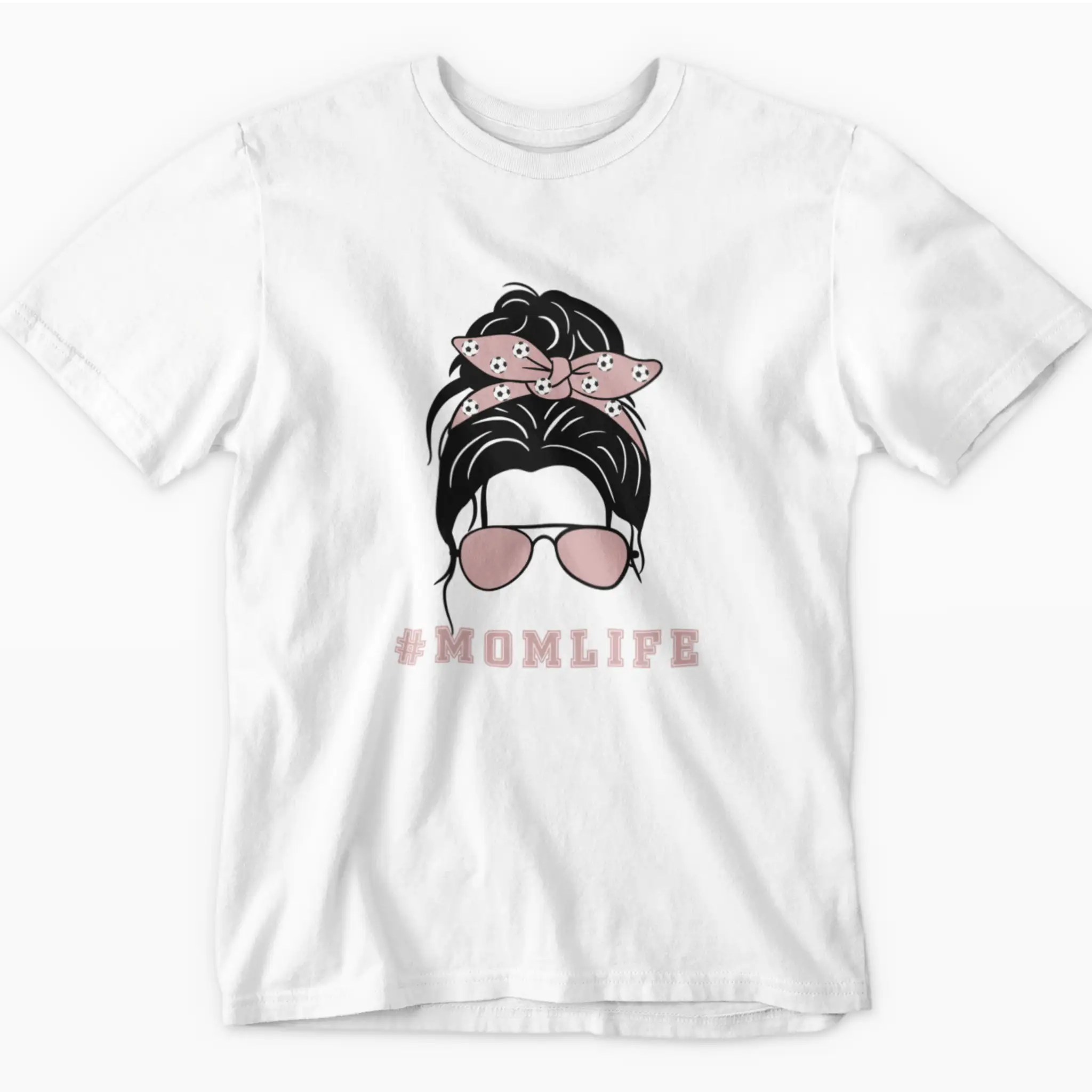 Soccer mom shirt with cool mom sunglasses and messy bun graphic - funny soccer parent t-shirt from After Five Designs