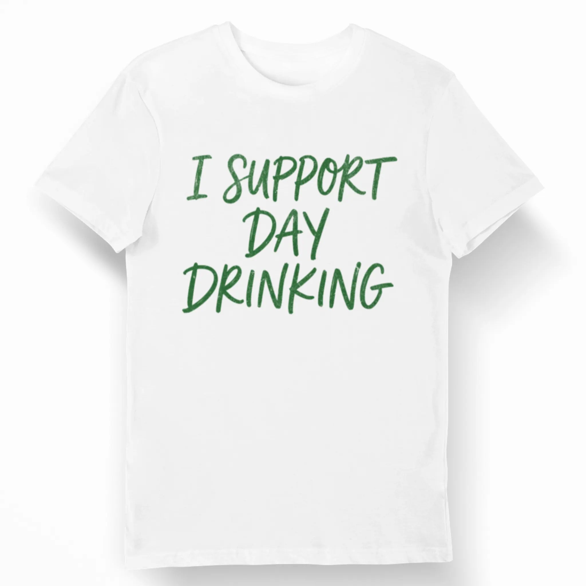 St. Patrick’s Day drinking shirt with “I Support Day Drinking” phrase in green, party outfit graphic tee