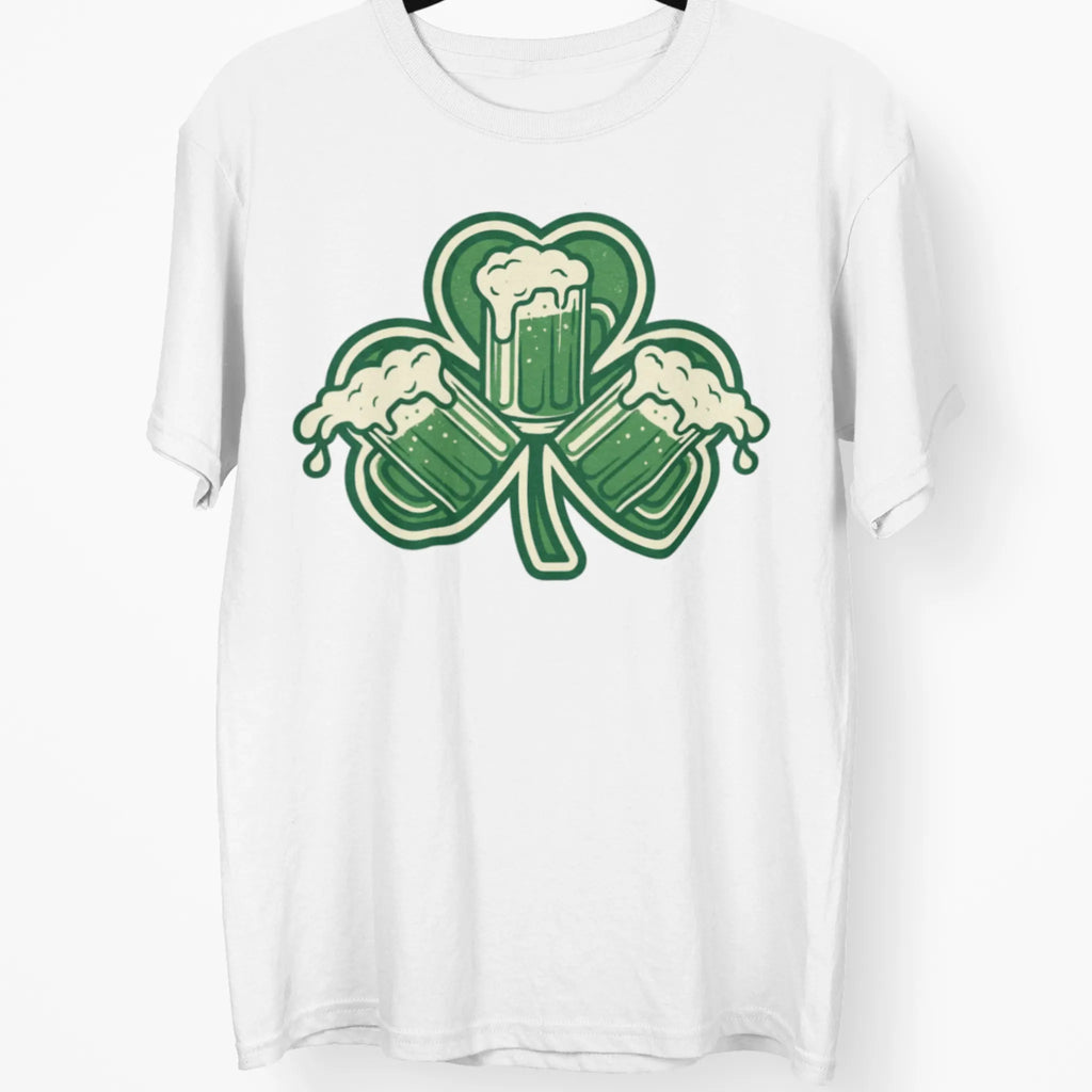 White St. Patrick’s Day t-shirt with green shamrock made of three beer mugs, funny Irish drinking shirt