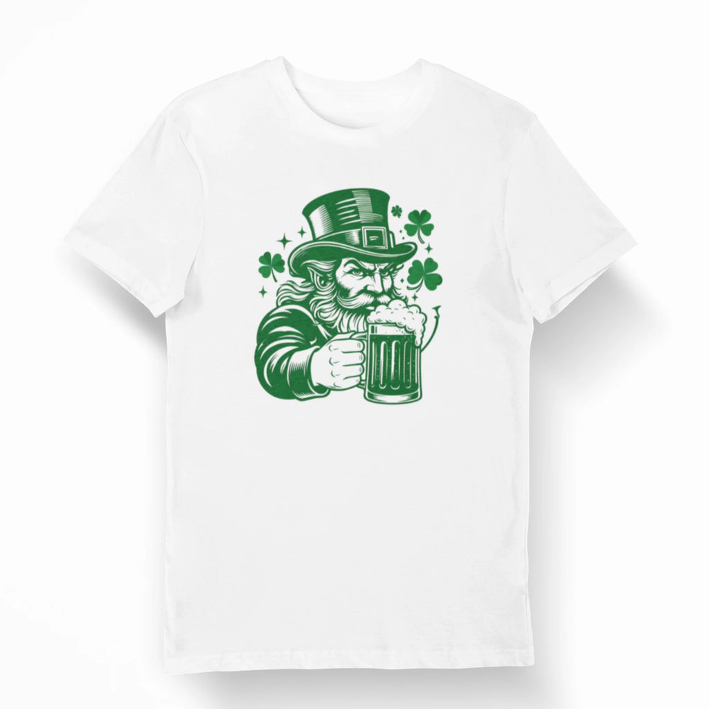 White Irish themed t-shirt with green leprechaun beer design and shamrocks, St. Patrick’s Day party shirt