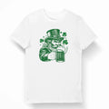 White Irish themed t-shirt with green leprechaun beer design and shamrocks, St. Patrick’s Day party shirt
