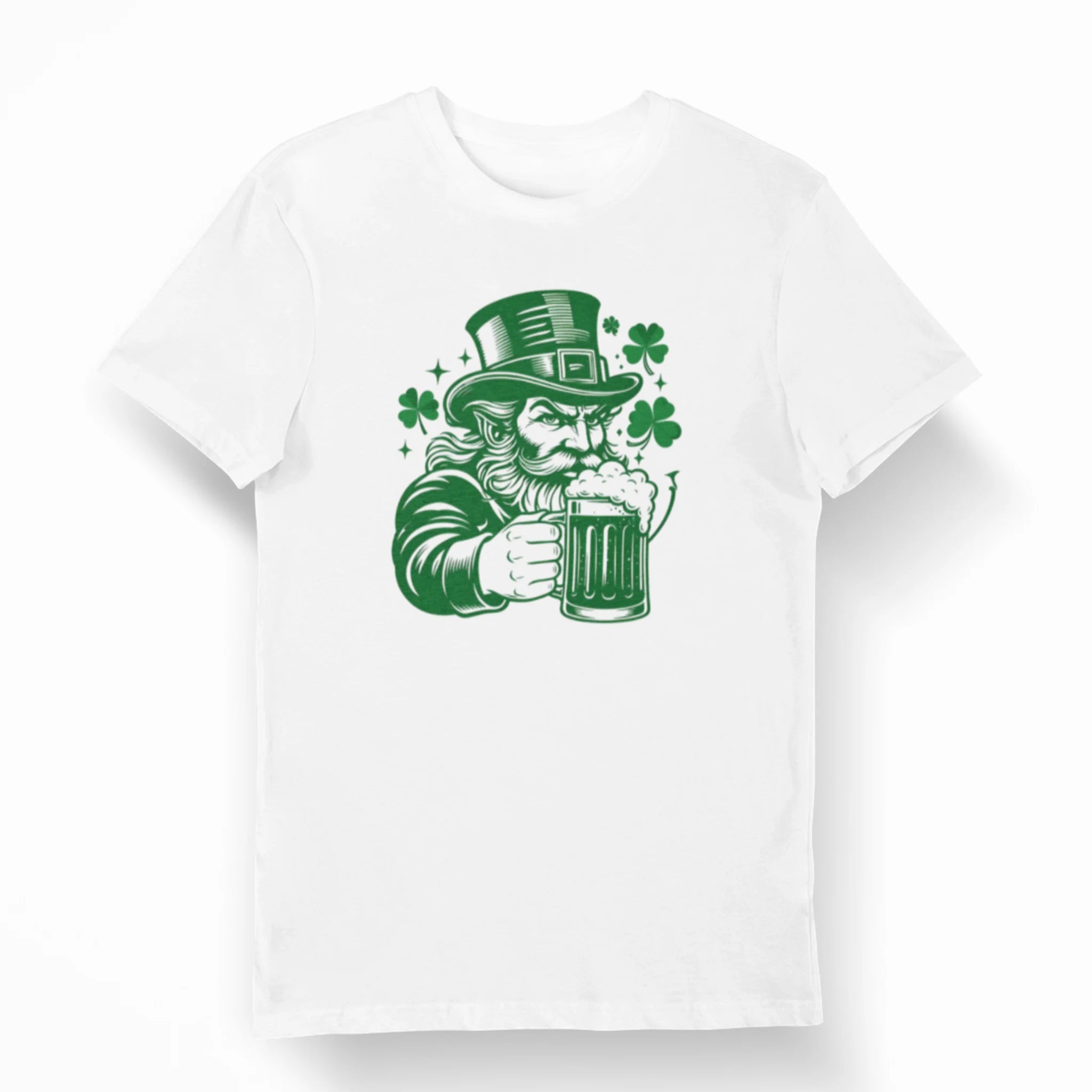 White Irish themed t-shirt with green leprechaun beer design and shamrocks, St. Patrick’s Day party shirt