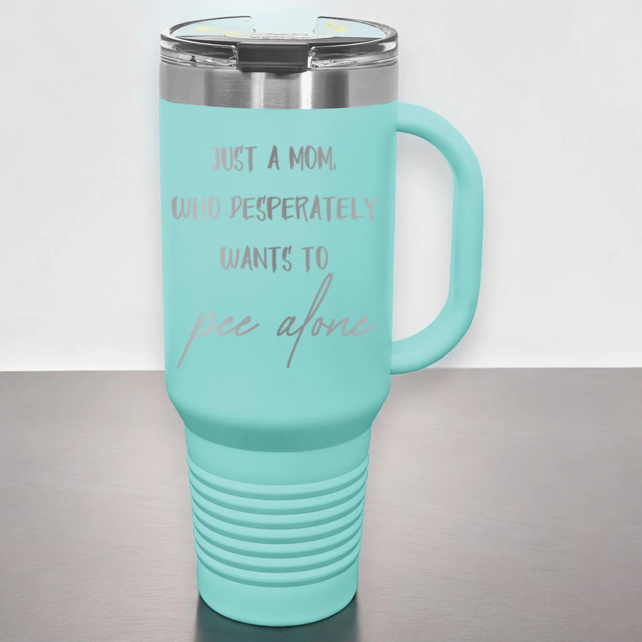40oz laser etched mom who wants to pee alone tumbler white - funny mom life cup with handle perfect for exhausted parents