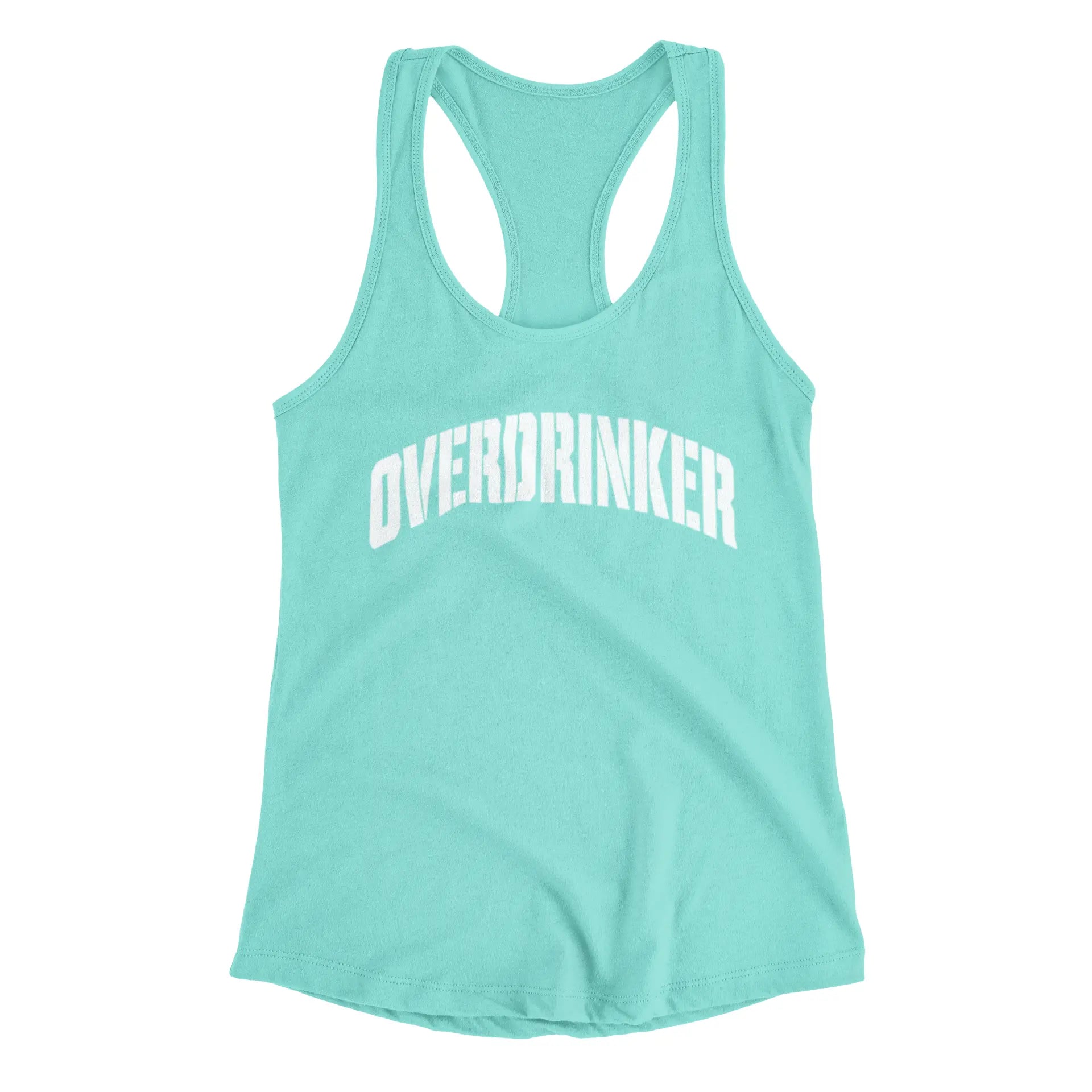 Mint green tank top with 'OVERDRINKER' text on a white background
